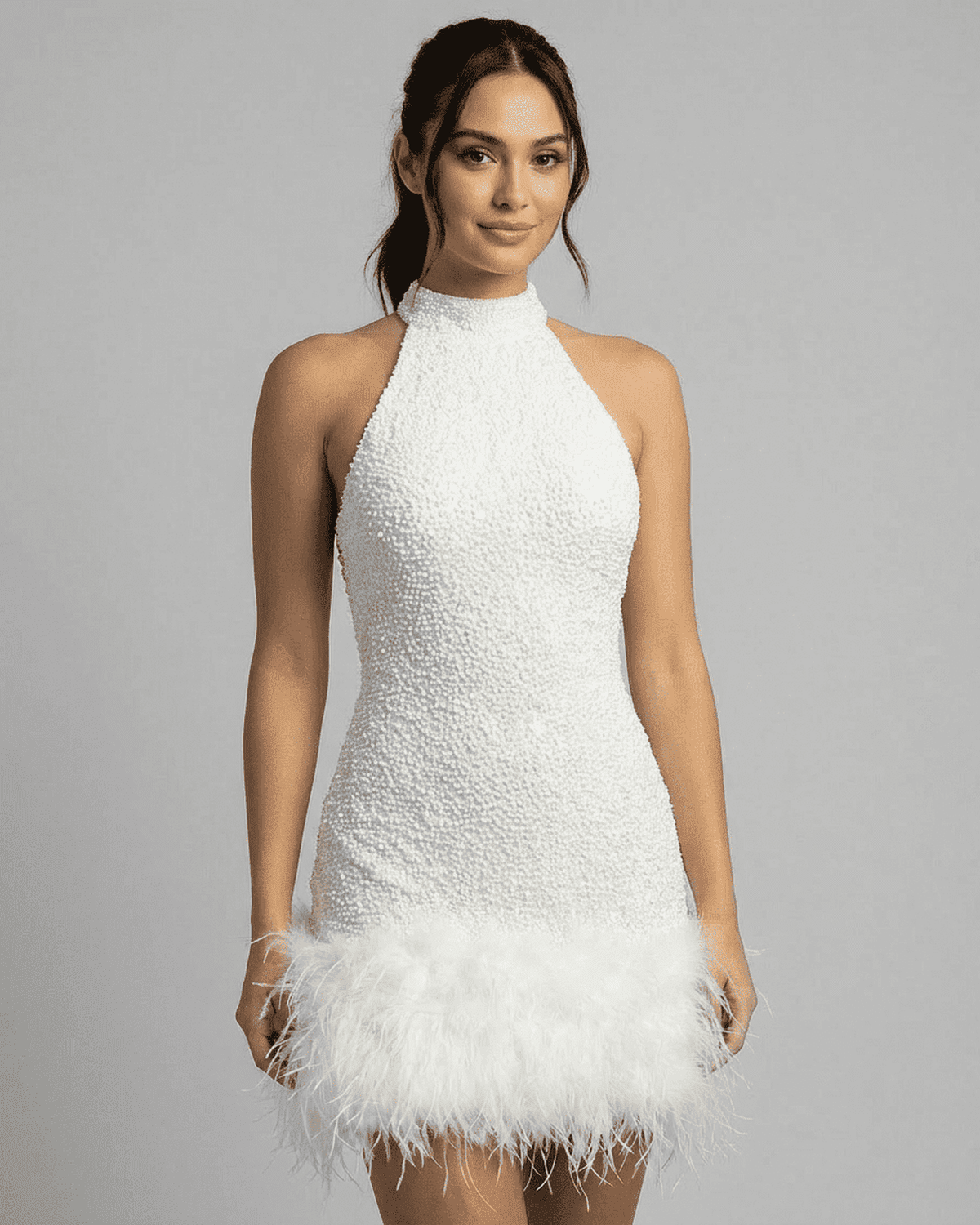 Mini Dress Women Halter Neck | Feather Hem