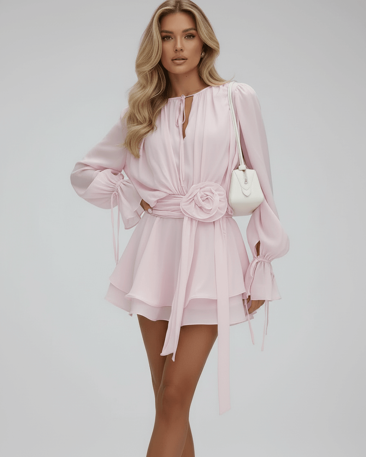 Mini Dress Women | Long Sleeve with Rose Belt & Keyhole Neck