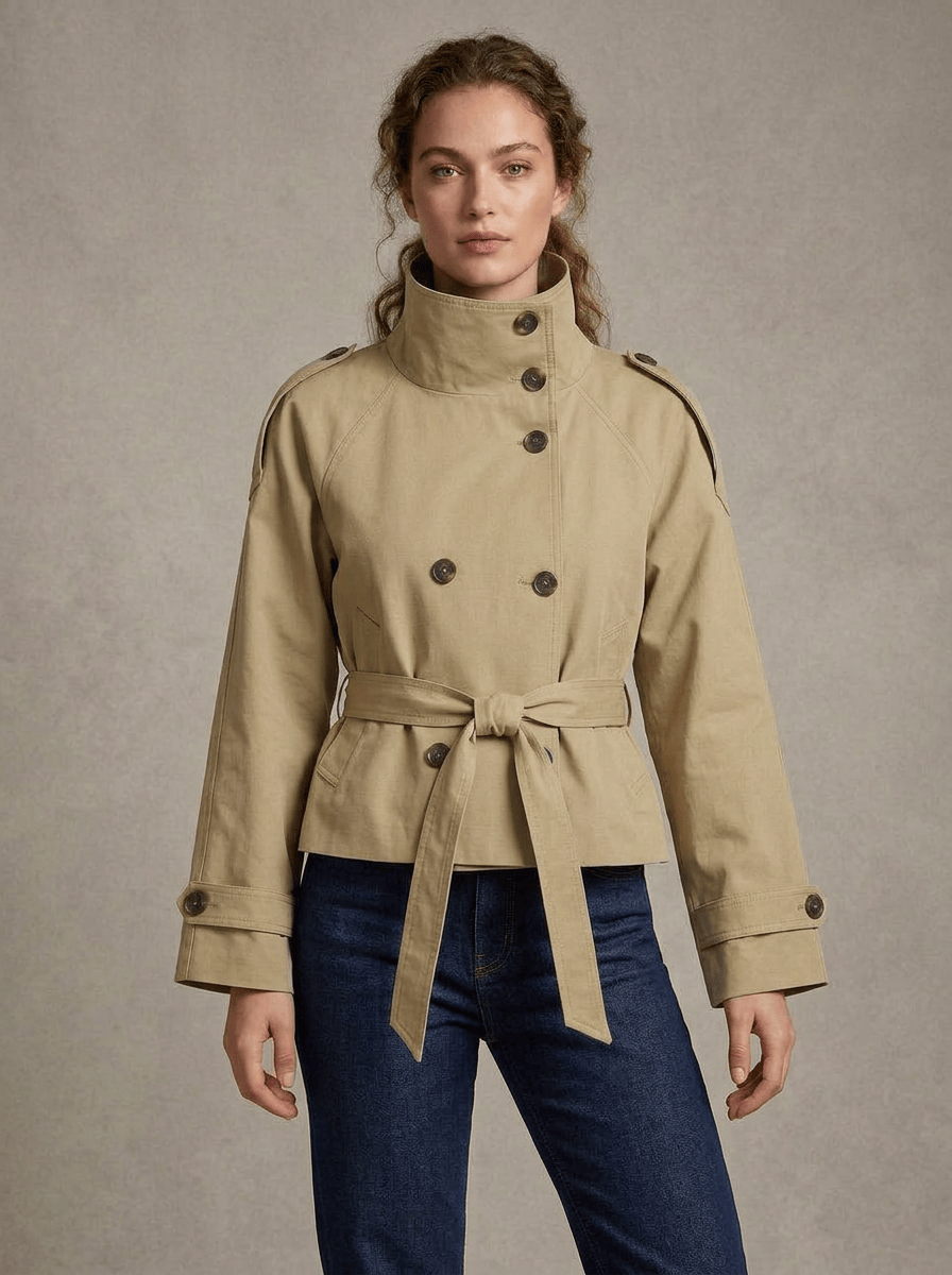Women's High Collar Button Front Waist Tie Coat | Short