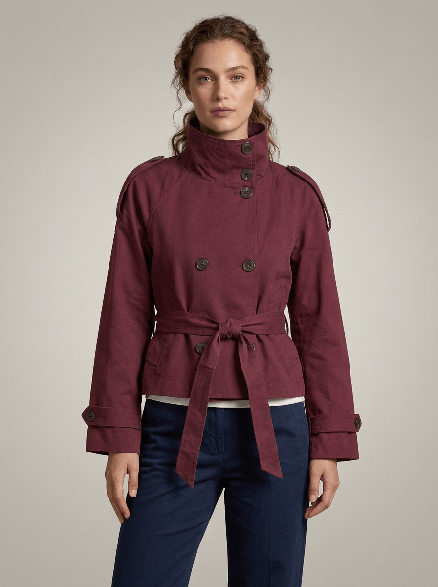 Women's High Collar Button Front Waist Tie Coat | Short