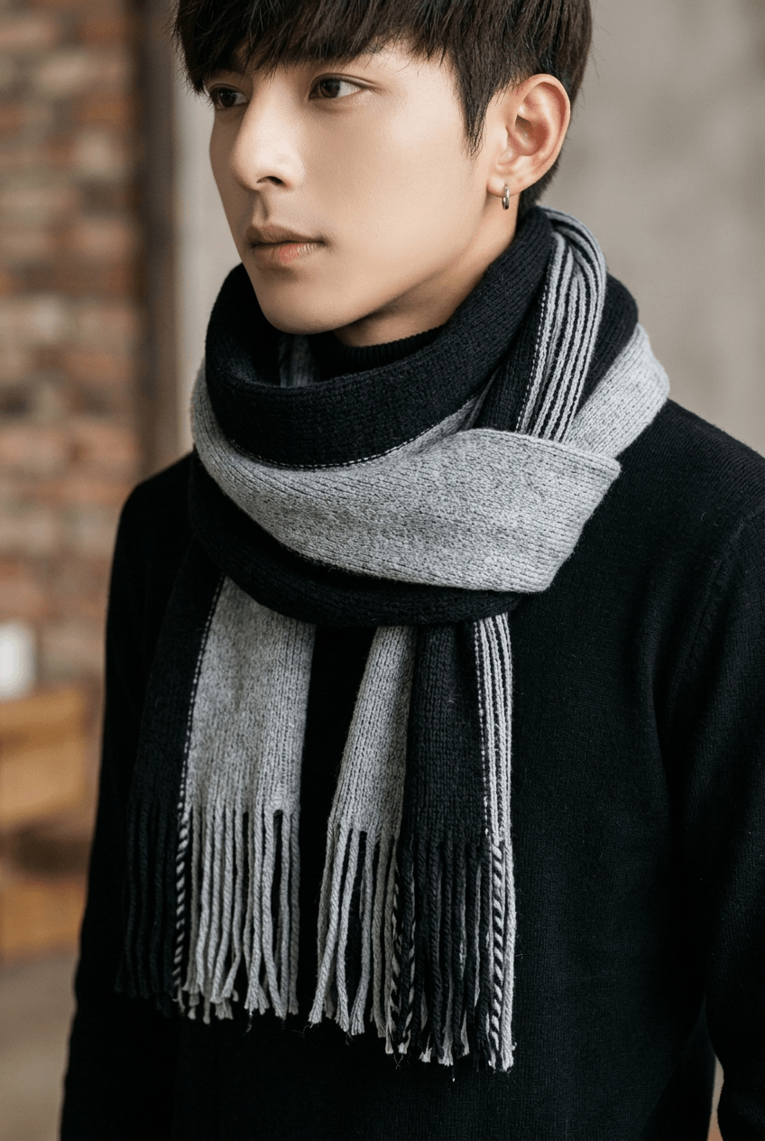 Men's Long Winter Scarf | Fringed Knit Ends