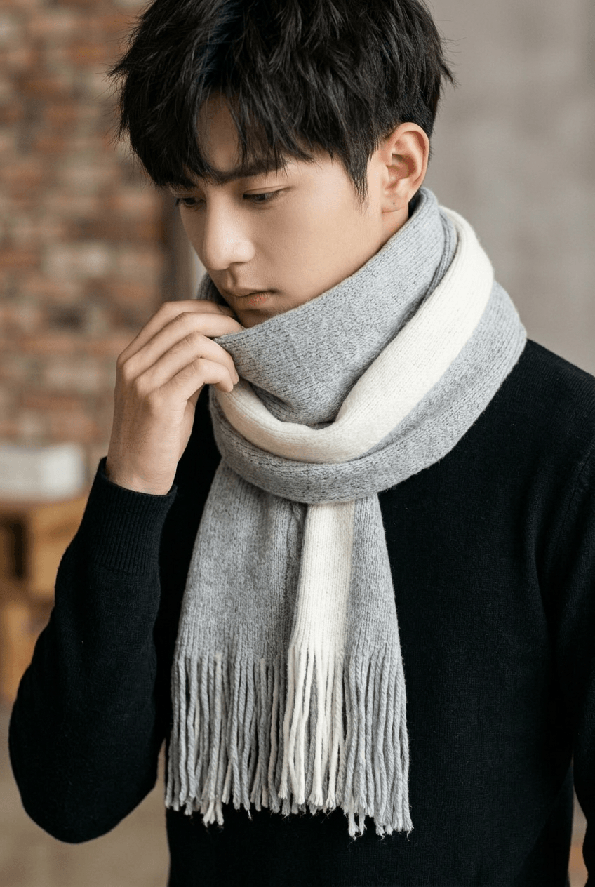 Men's Long Winter Scarf | Fringed Knit Ends