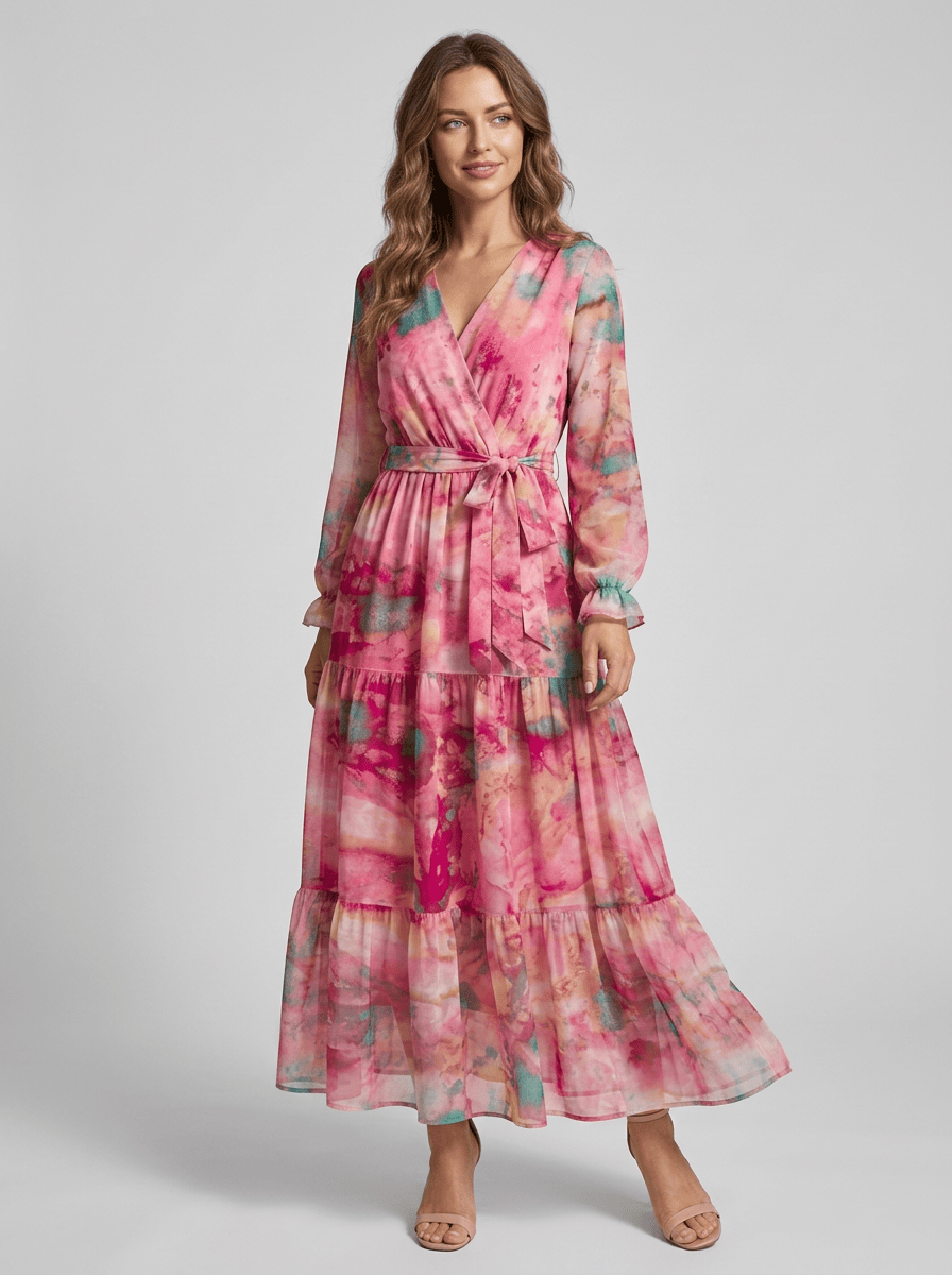 Women's V-Neck Long Sleeve Wrap Waist Tie Flared Dress | Maxi