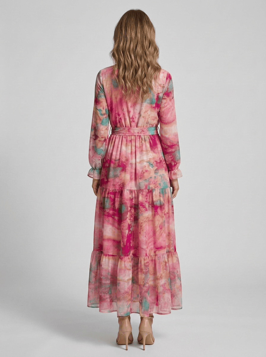 Women's V-Neck Long Sleeve Wrap Waist Tie Flared Dress | Maxi