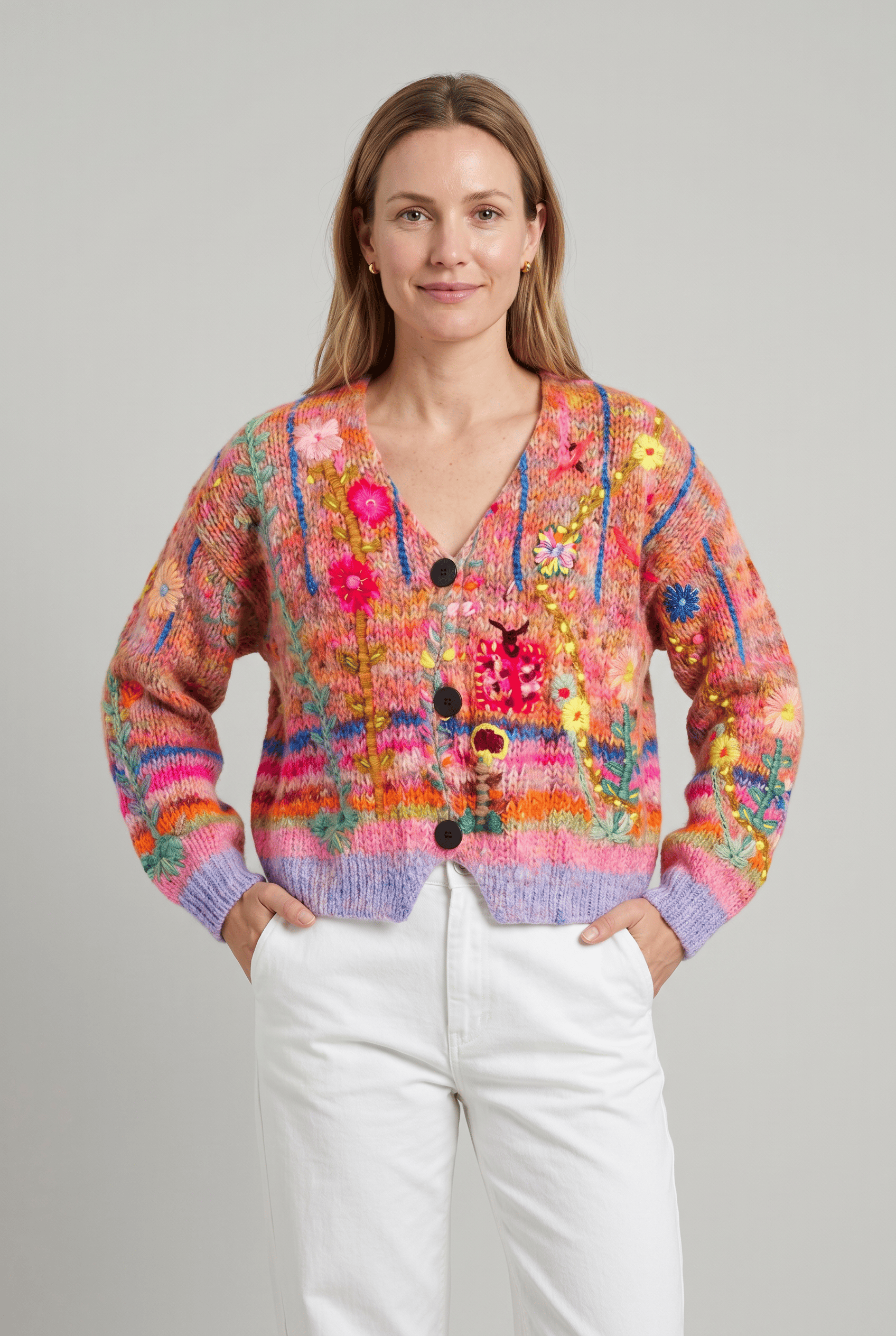 Women's V-Neck Floral Print Knit Cardigan | Button Up