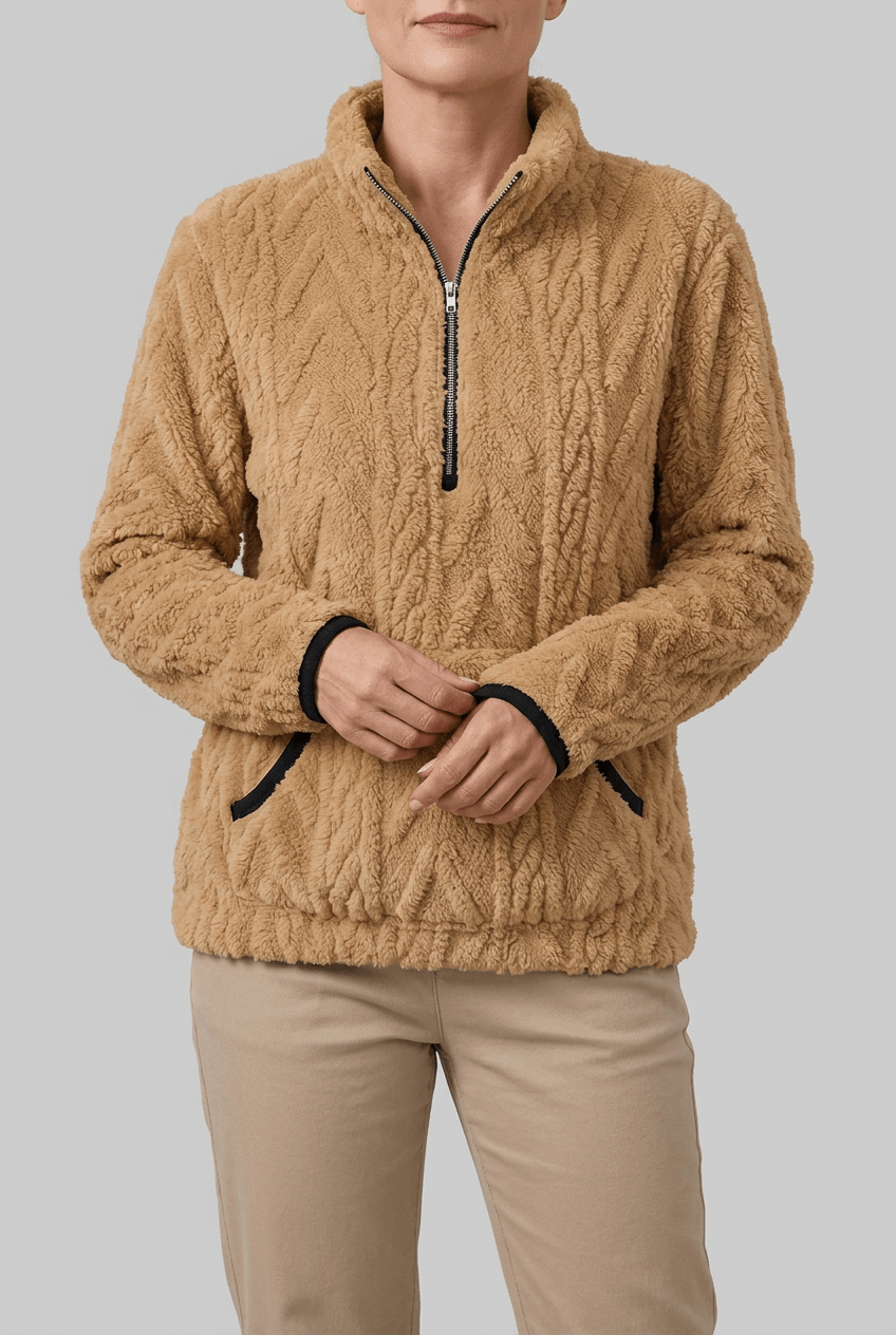 Women's Half Zip Fleece Jumper | Textured Fuzzy Kangaroo Pocket