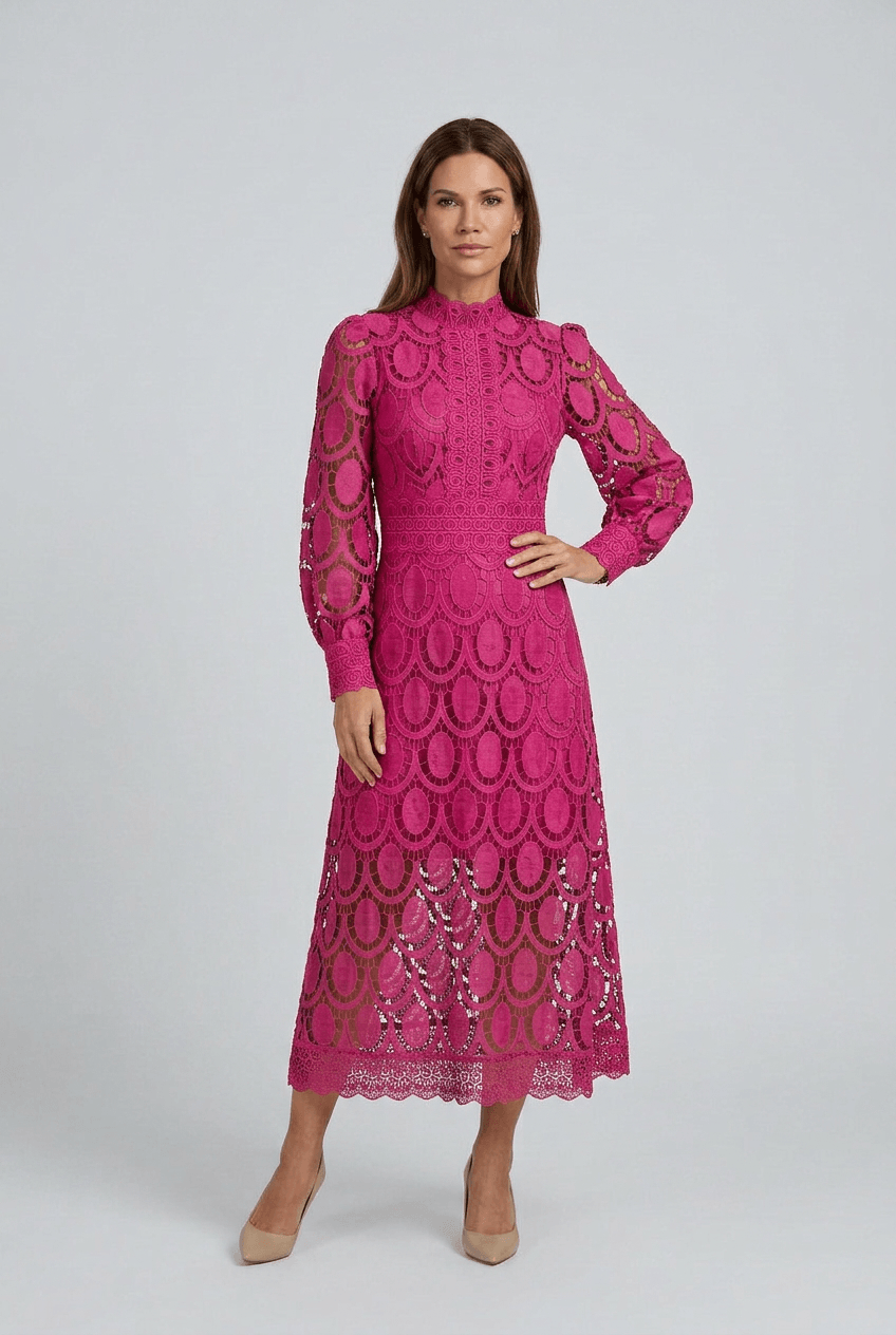 Women's Wedding Guest Dress Midi | Lace with Mock Neck & Long Sleeves