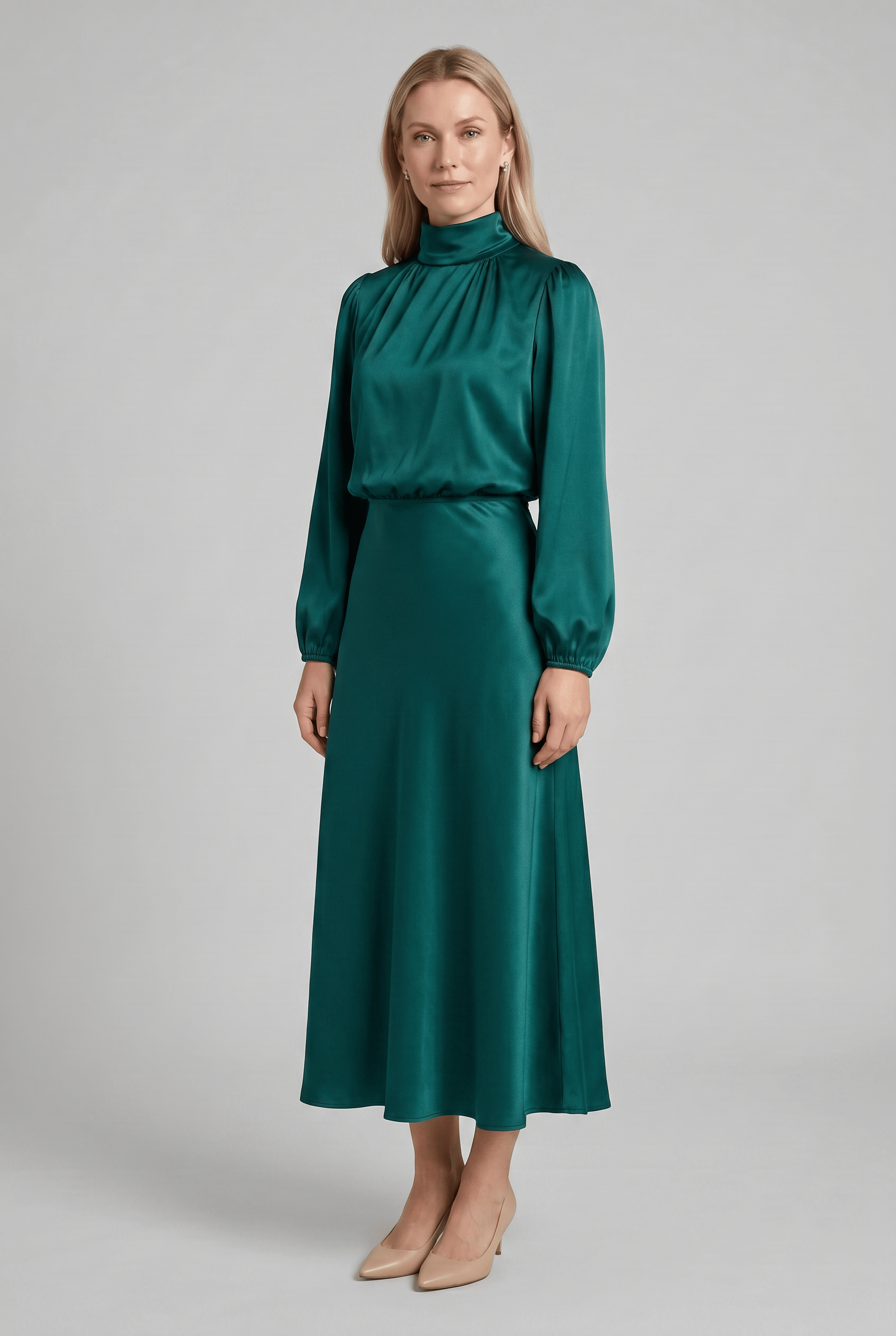 Women’s Mock Neck Long Bell Sleeves Pleated Dress | Midi