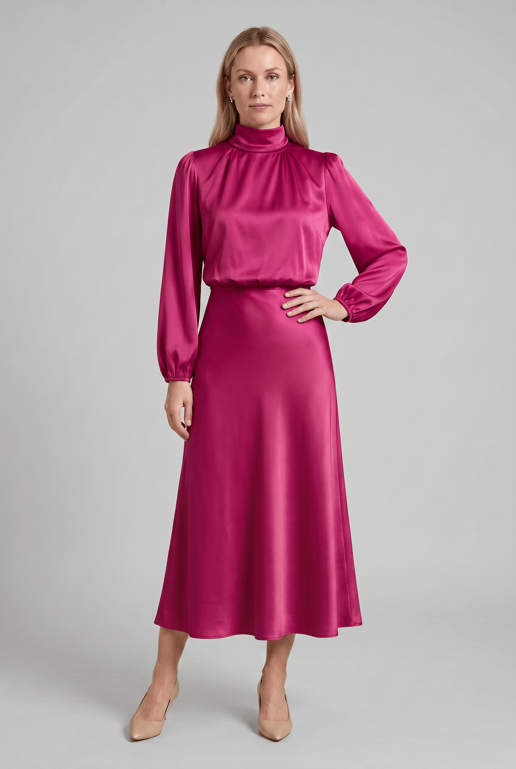 Women’s Mock Neck Long Bell Sleeves Pleated Dress | Midi