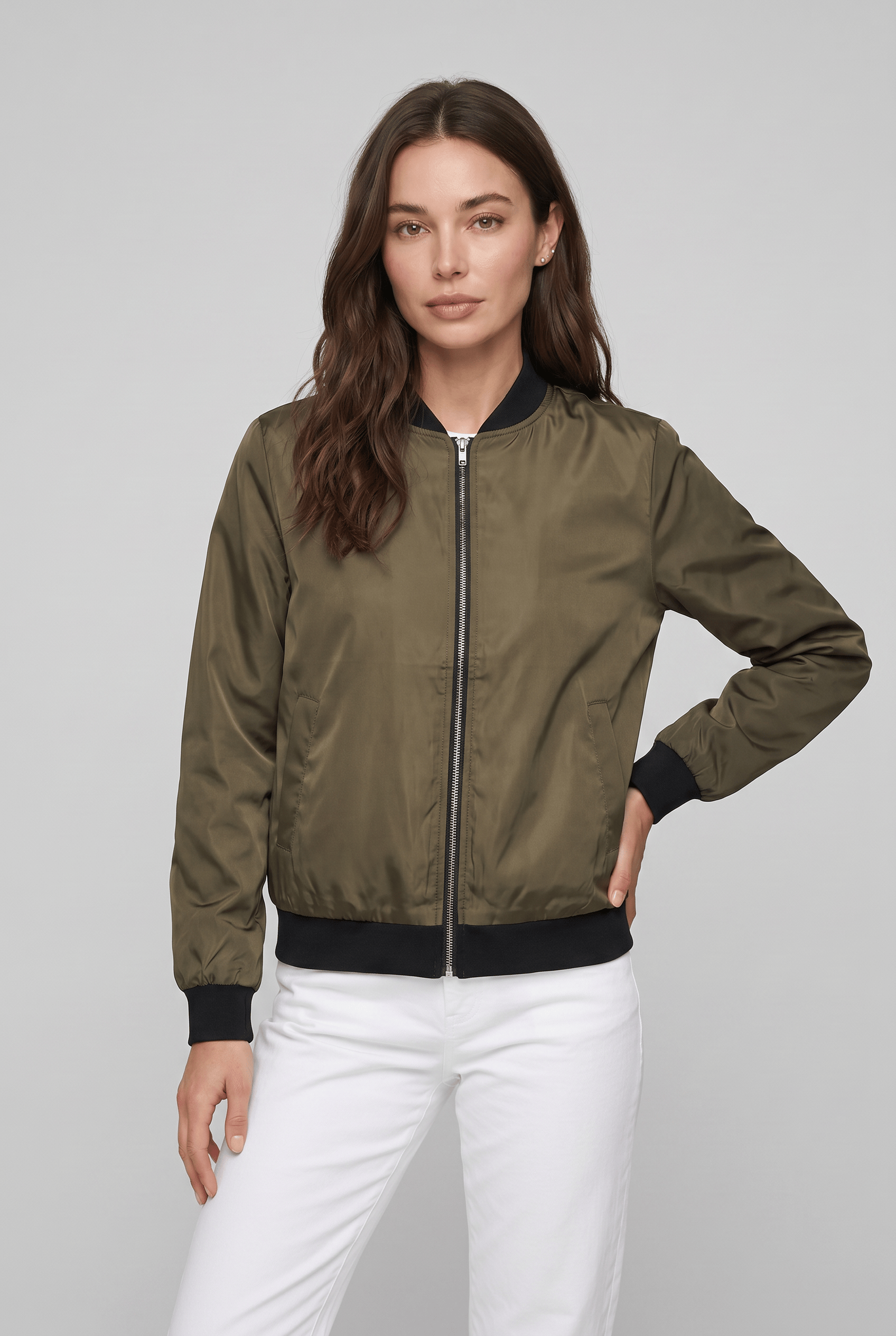 Women's Stand Collar Long Sleeves Casual Bomber Jacket | Zip Up