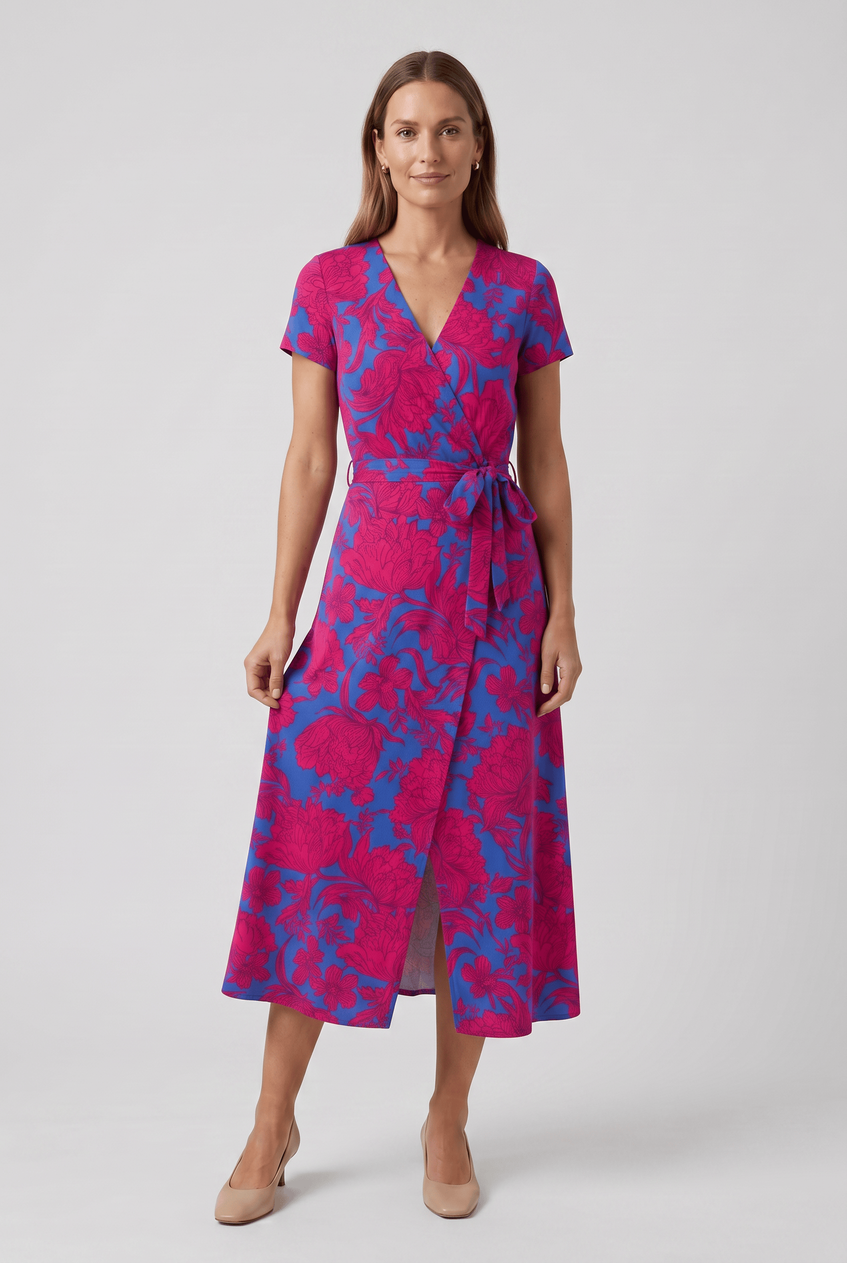 Women's V-Neck Short Sleeves Boho Printed Wrap Dress | Midi