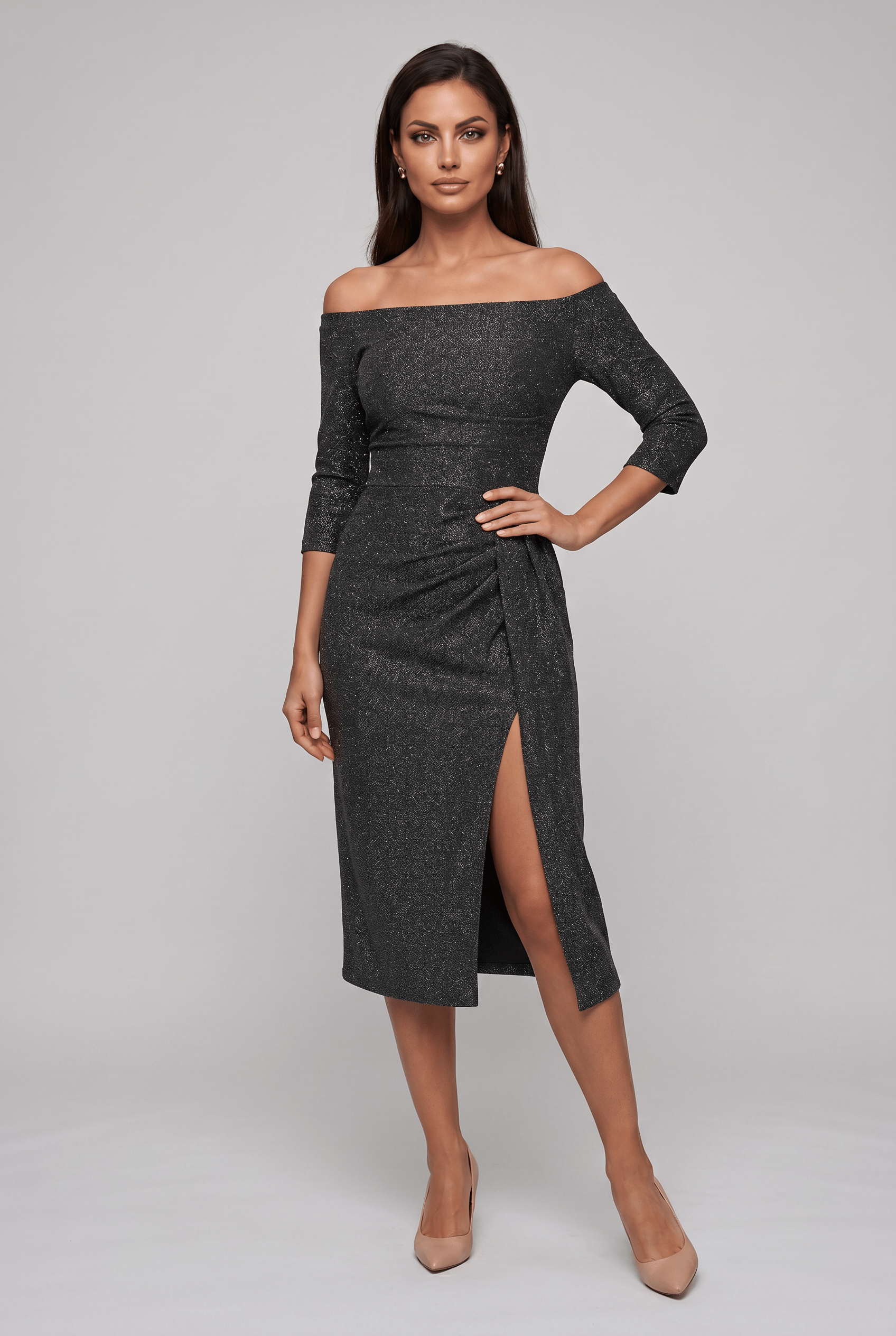 Women's Bardot Neck Off Shoulder Wrap Side Slit Dress | Midi