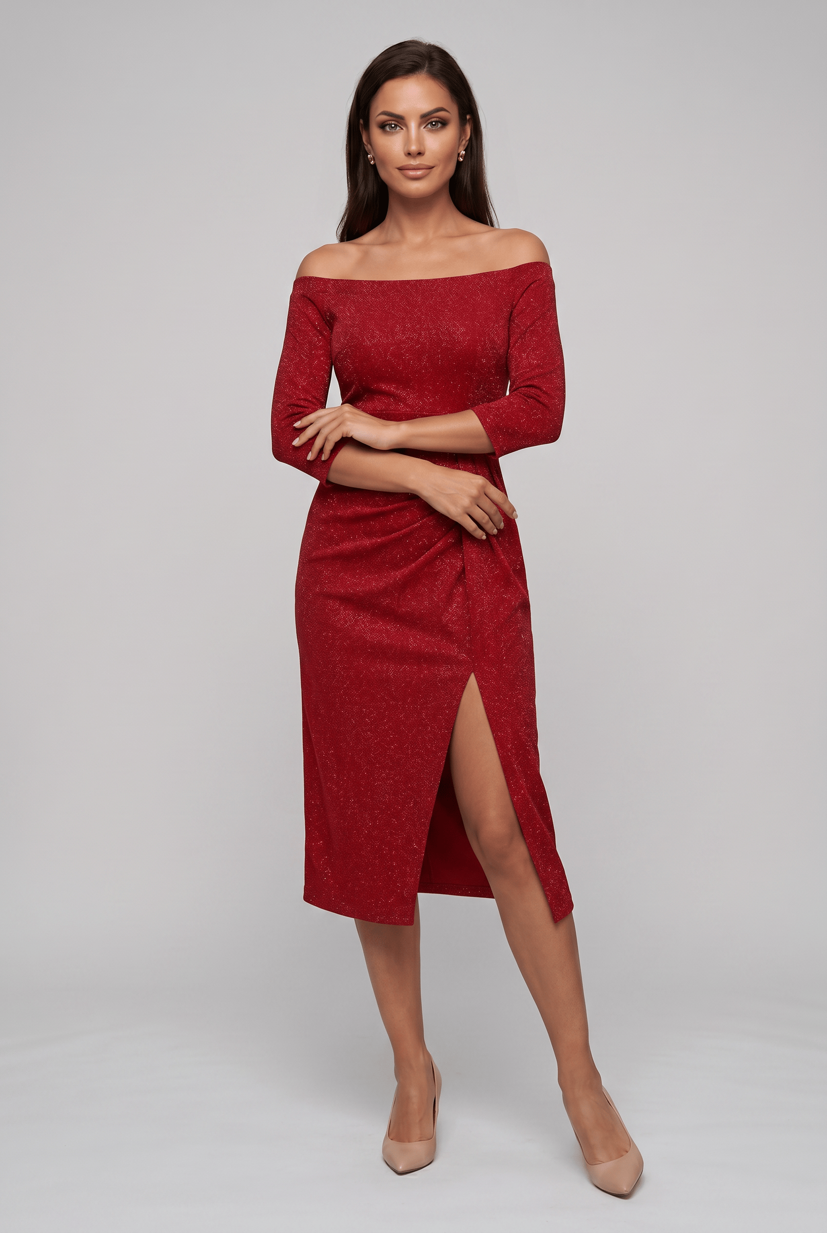 Women's Bardot Neck Off Shoulder Wrap Side Slit Dress | Midi
