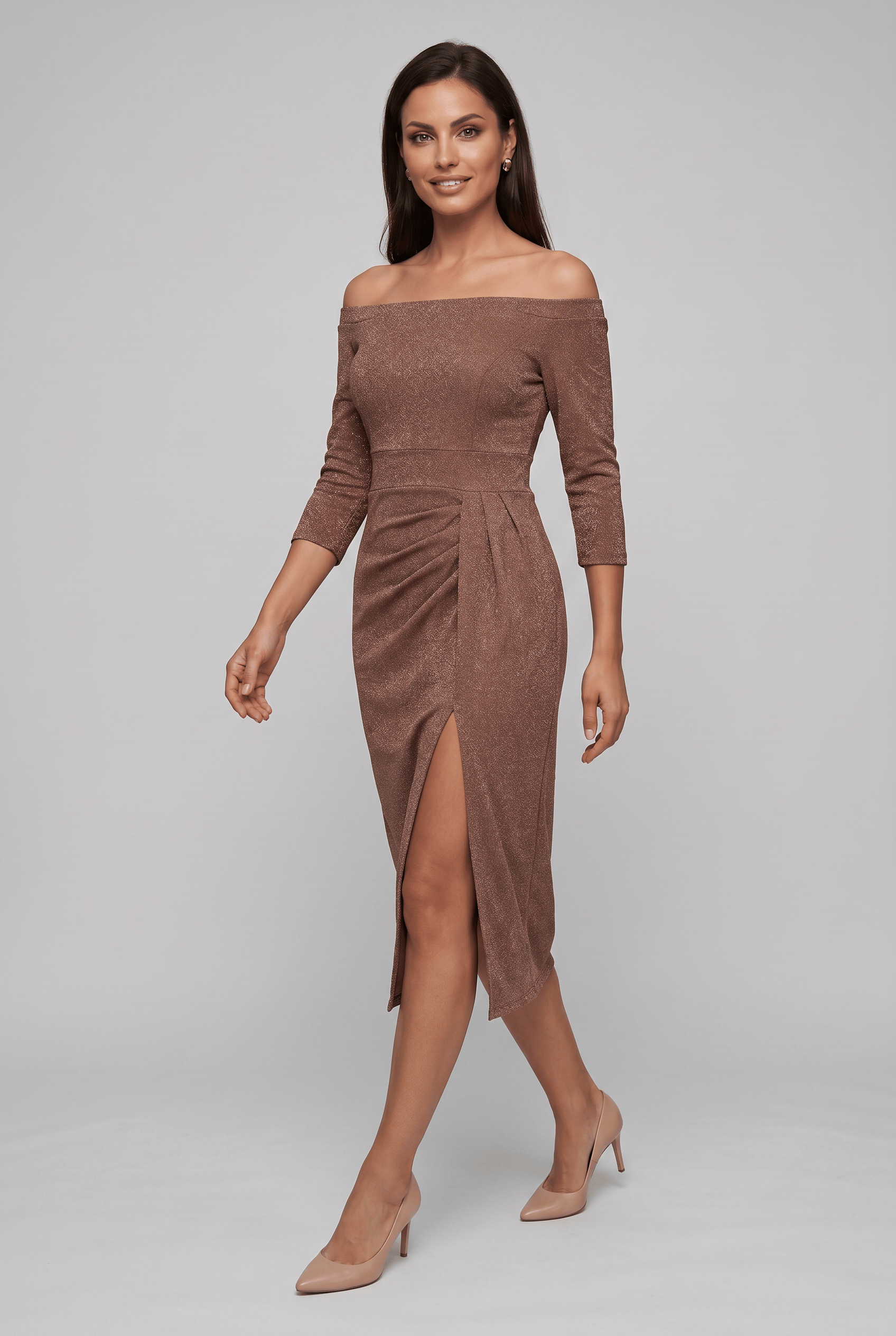 Women's Bardot Neck Off Shoulder Wrap Side Slit Dress | Midi