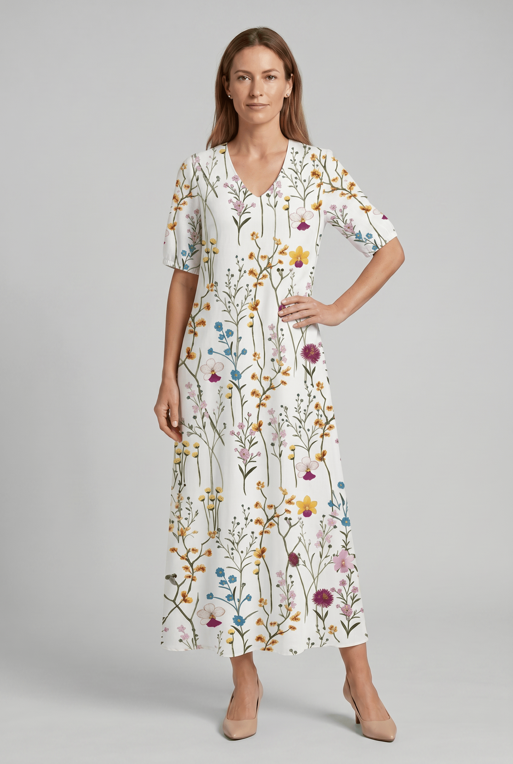 Women's V-Neck Short Sleeve Floral A-Line Dress | Maxi