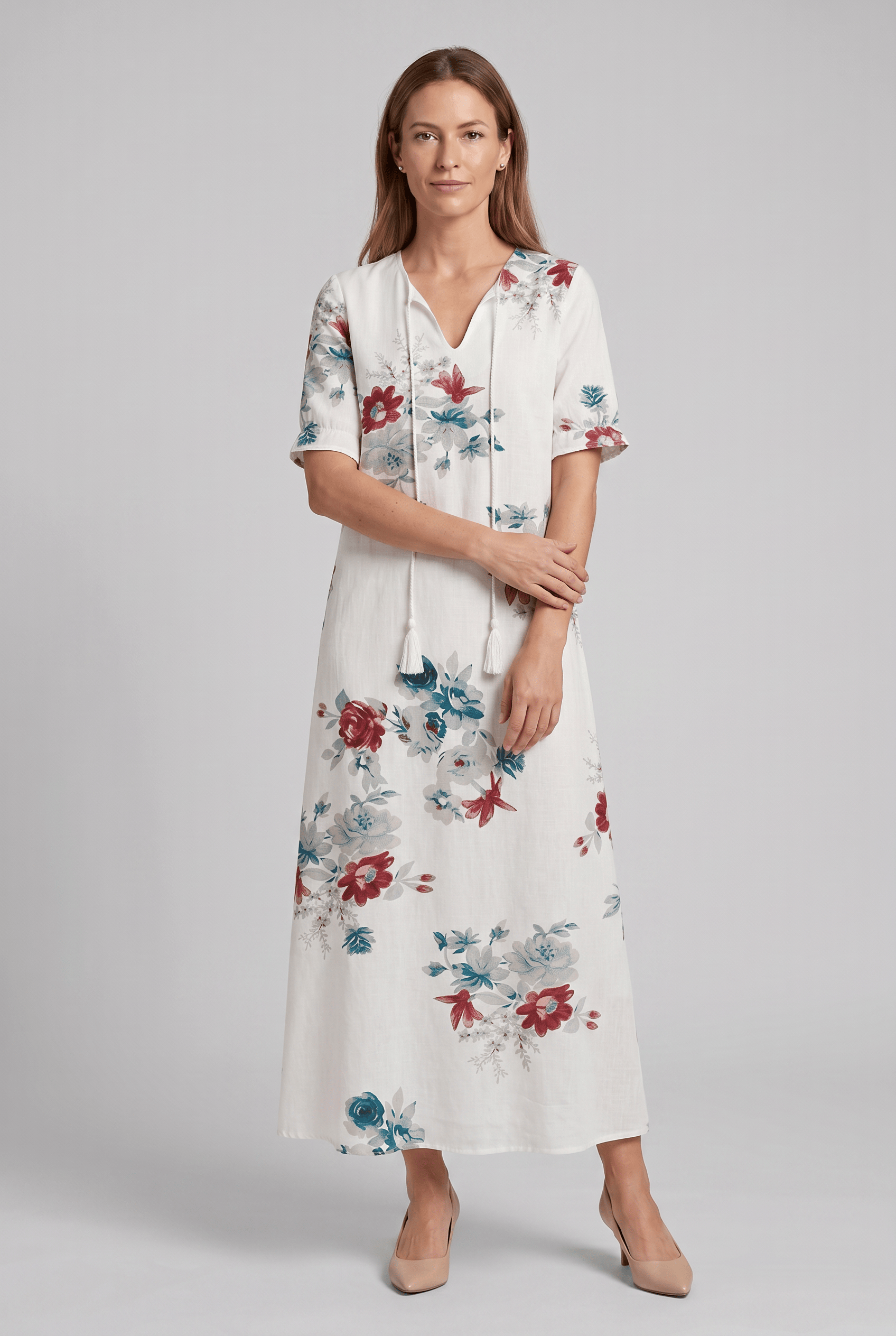 Women's V-Neck Short Sleeve Floral A-Line Dress | Maxi