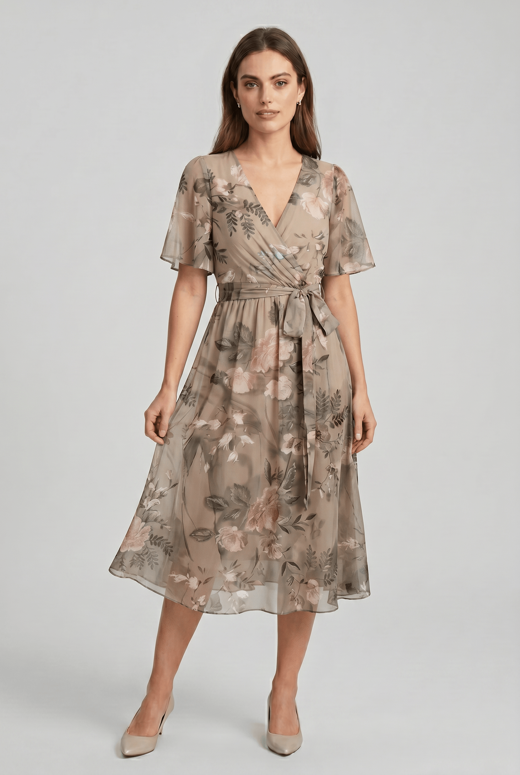 Women’s V-Neck Short Sleeves Wrap Flared Dress | Midi