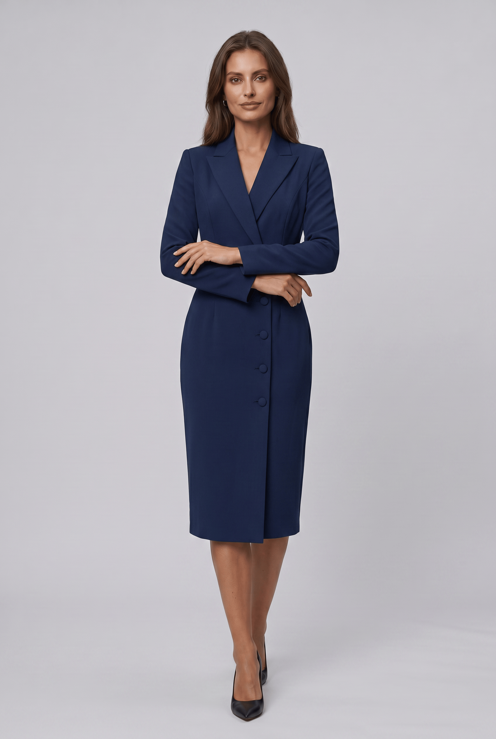 Women's Lapel Collar Long Sleeves Formal Fitted Blazer Dress | Midi