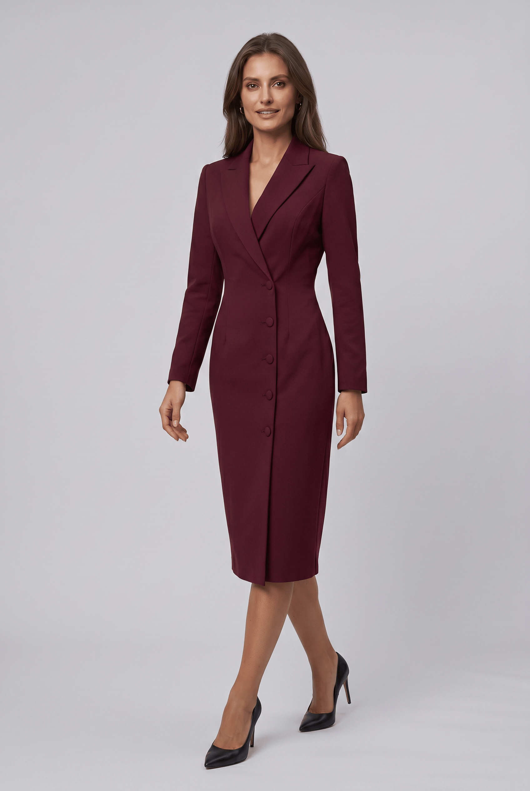 Women's Lapel Collar Long Sleeves Formal Fitted Blazer Dress | Midi