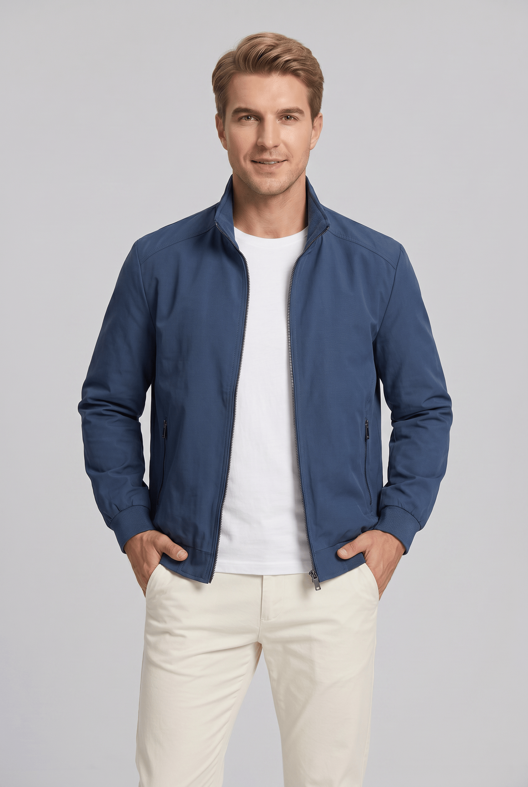Men's Stand Collar Zipper Ribbed Cuff Jacket | Zip Pockets