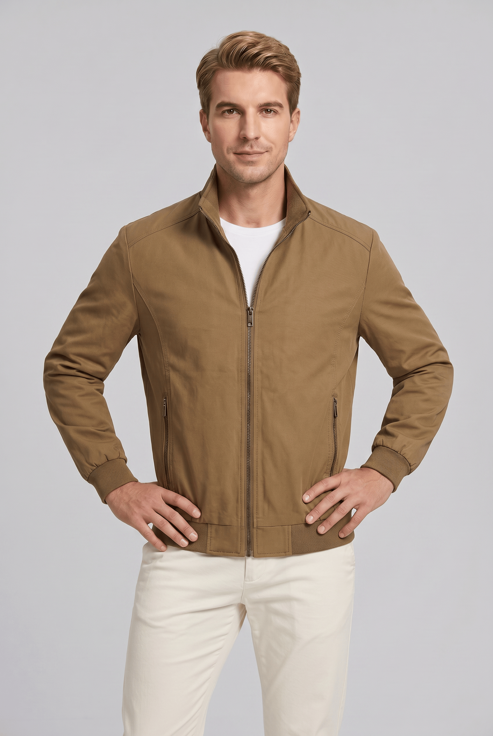 Men's Stand Collar Zipper Ribbed Cuff Jacket | Zip Pockets