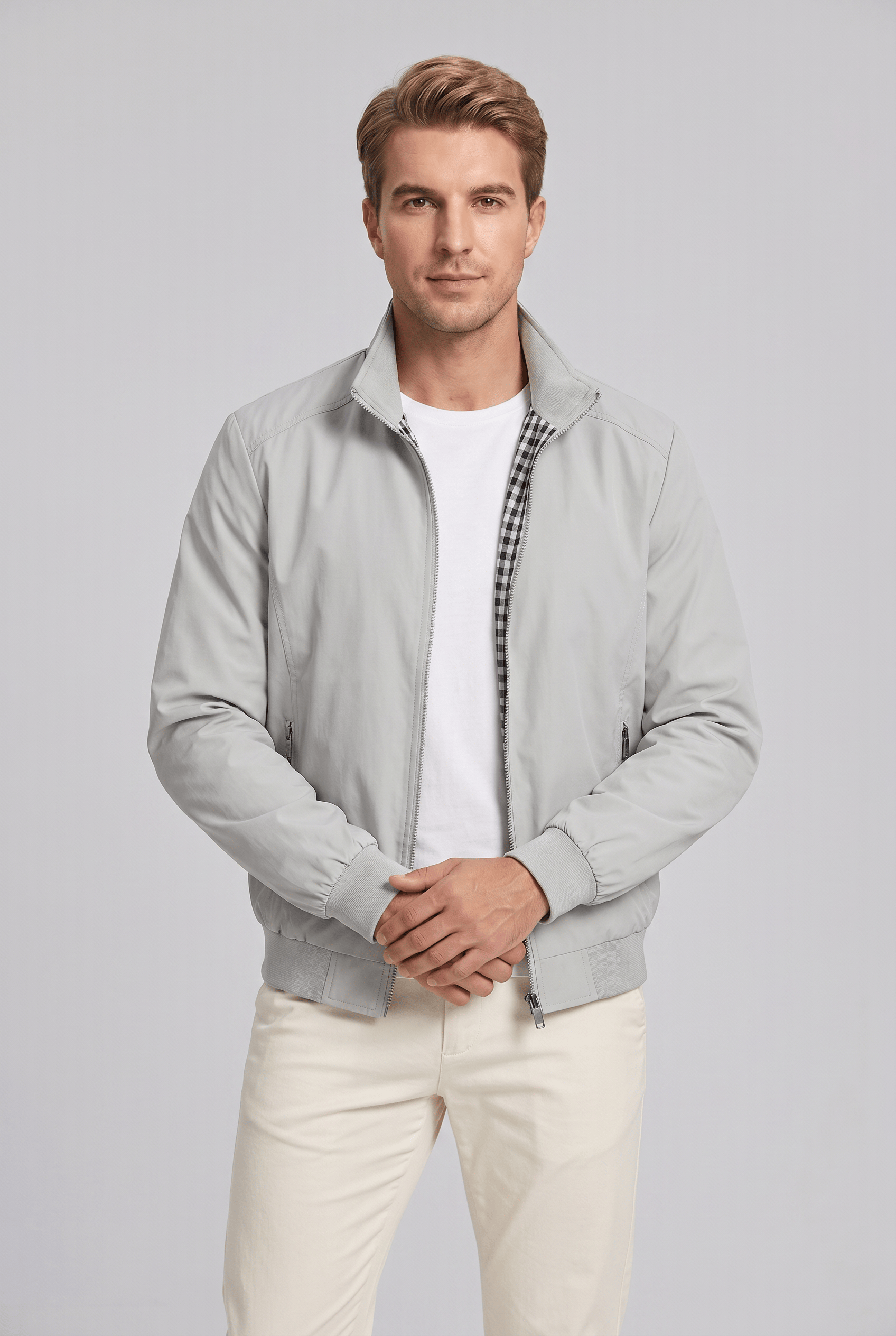 Men's Stand Collar Zipper Ribbed Cuff Jacket | Zip Pockets