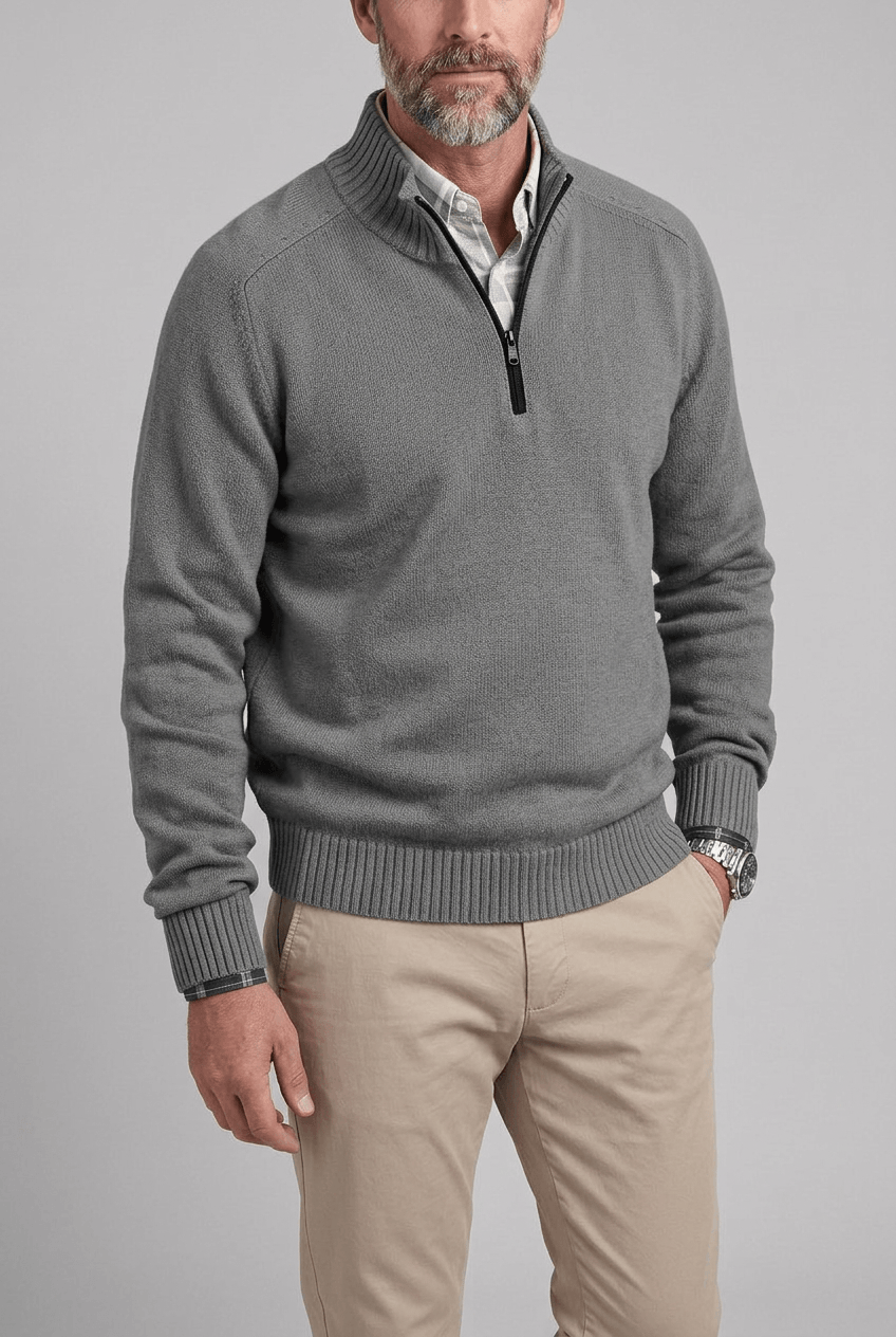 Men's Quarter Zip Sweater | High Collar and Ribbed Cuffs