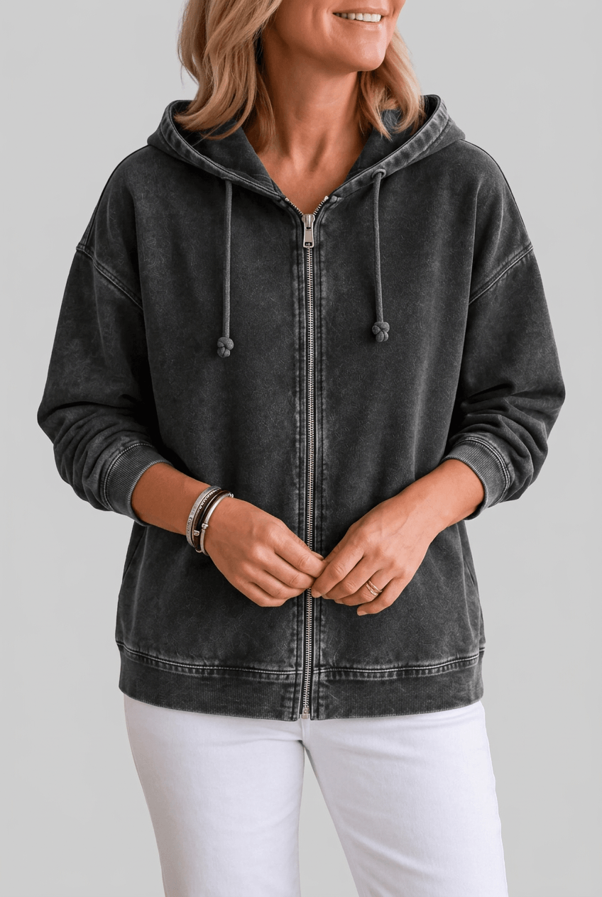 Women's Full Zip Washed Hoodie | Drawstring Hood