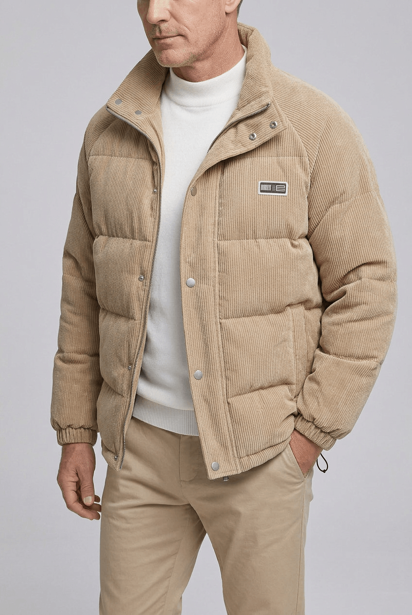 Men's Full Zip Puffer Winter Jacket | Stand-Up Collar & Drawcord Hem