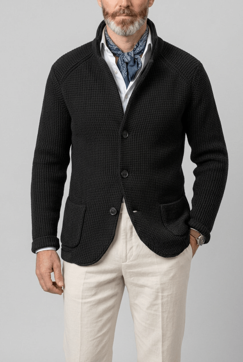 Knitted Cardigan for Men | Stand Collar & Button Front