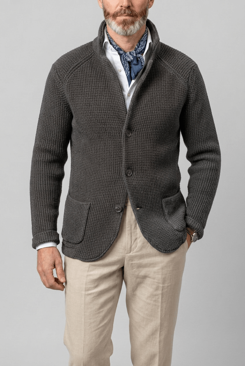 Knitted Cardigan for Men | Stand Collar & Button Front