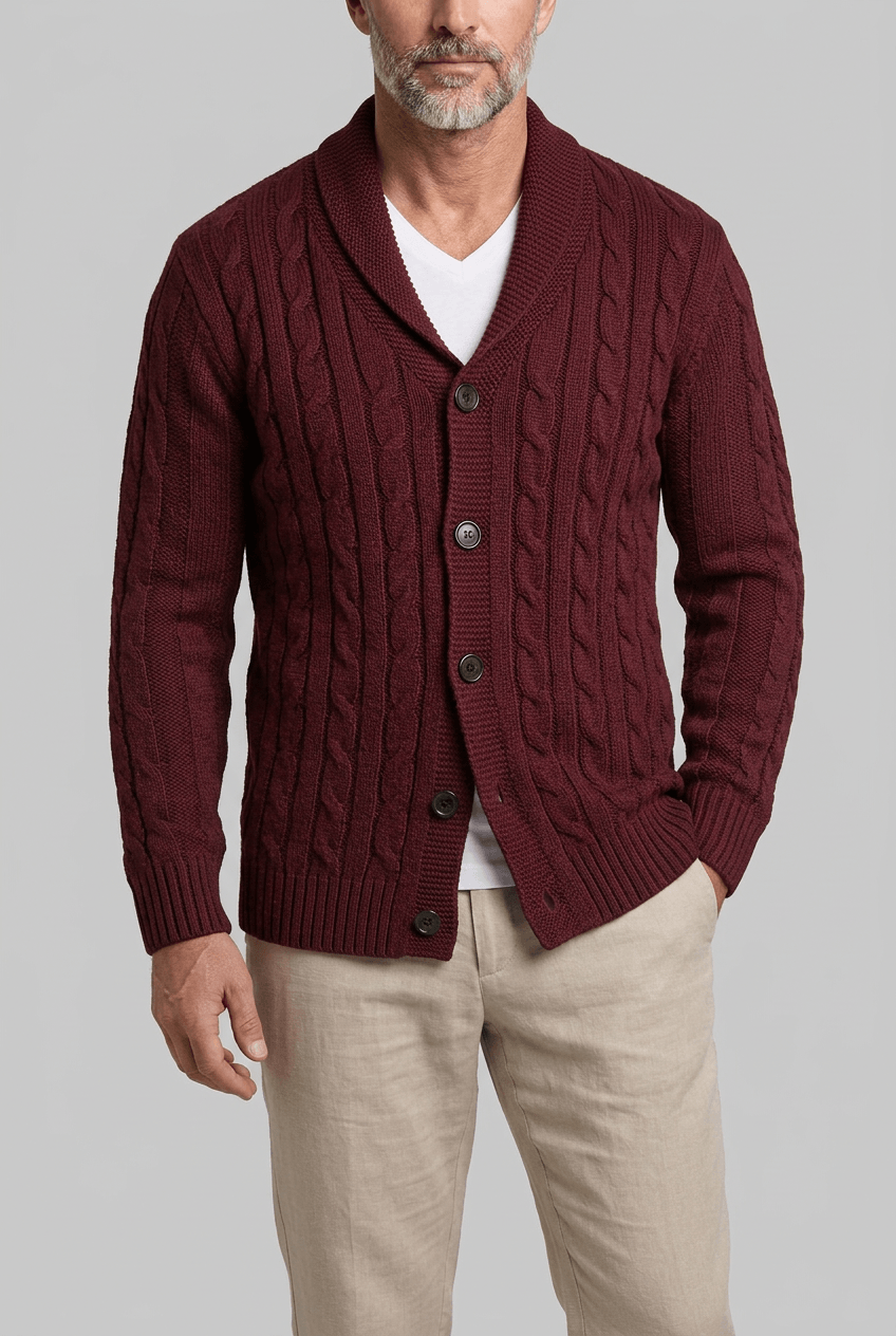 Men's Cable Knit Cardigan | Shawl Collar & Button Front