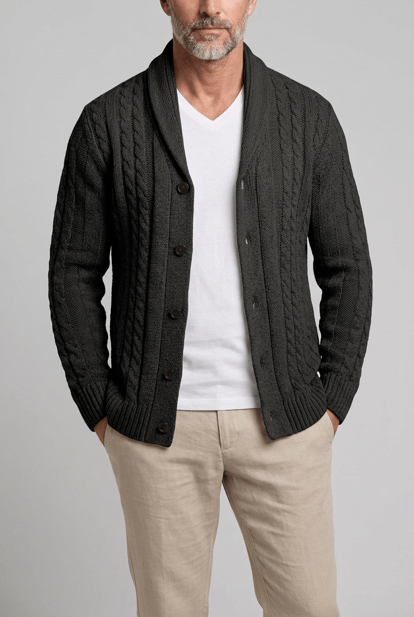 Men's Cable Knit Cardigan | Shawl Collar & Button Front