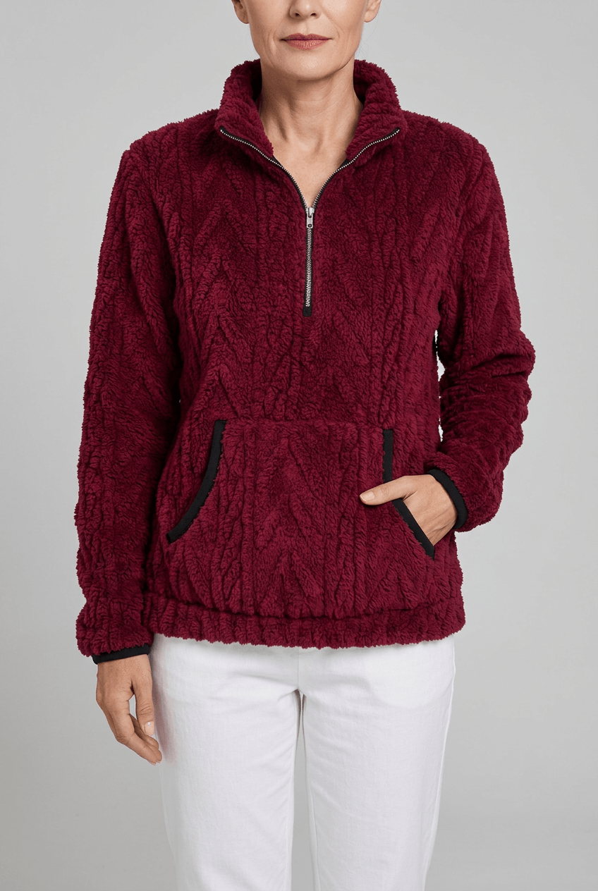 Women's Half Zip Fleece Jumper | Textured Fuzzy Kangaroo Pocket