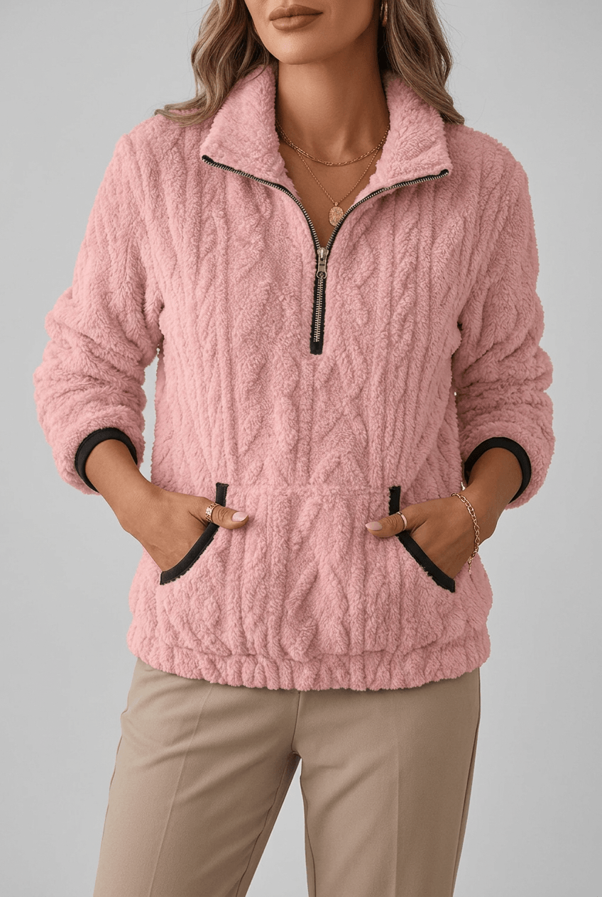 Women's Half Zip Fleece Jumper | Textured Fuzzy Kangaroo Pocket