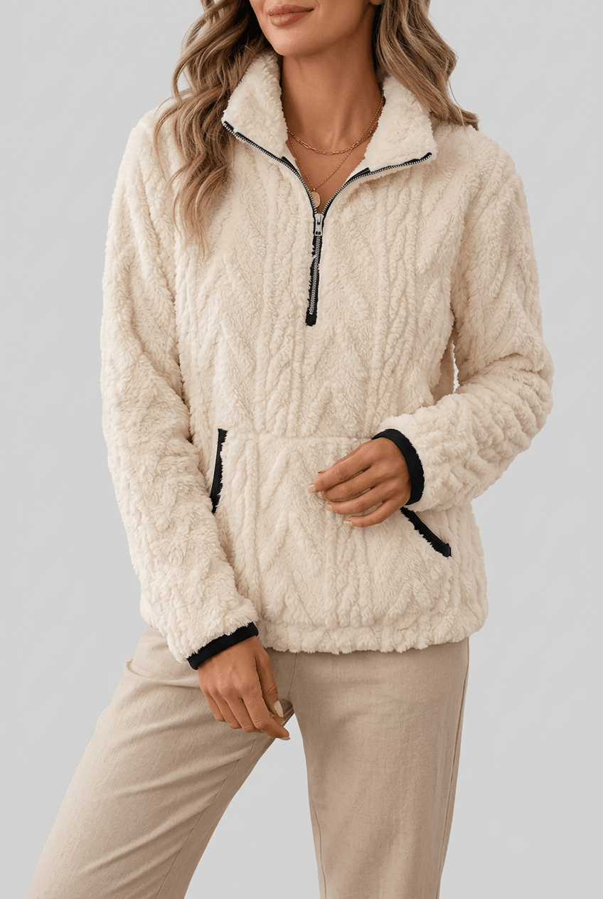 Women's Half Zip Fleece Jumper | Textured Fuzzy Kangaroo Pocket