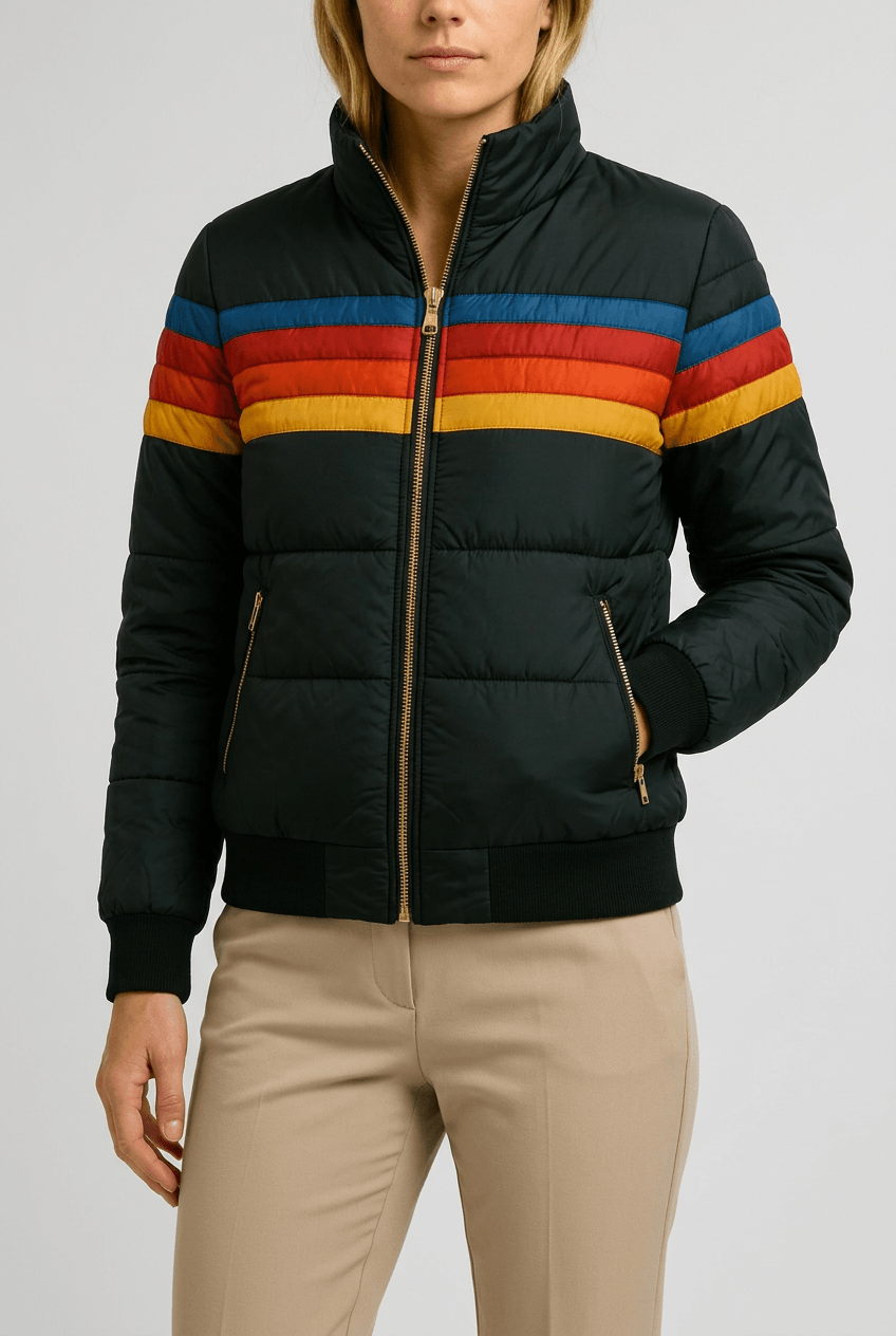 Women's Hooded Puffer Jacket | Colour Block Stripe