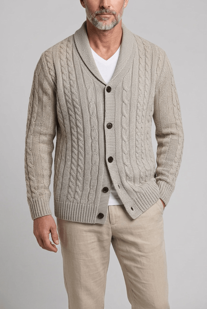Men's Cable Knit Cardigan | Shawl Collar & Button Front