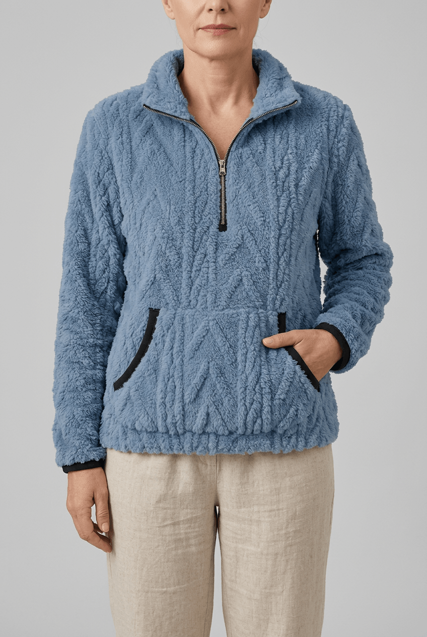 Women's Half Zip Fleece Jumper | Textured Fuzzy Kangaroo Pocket