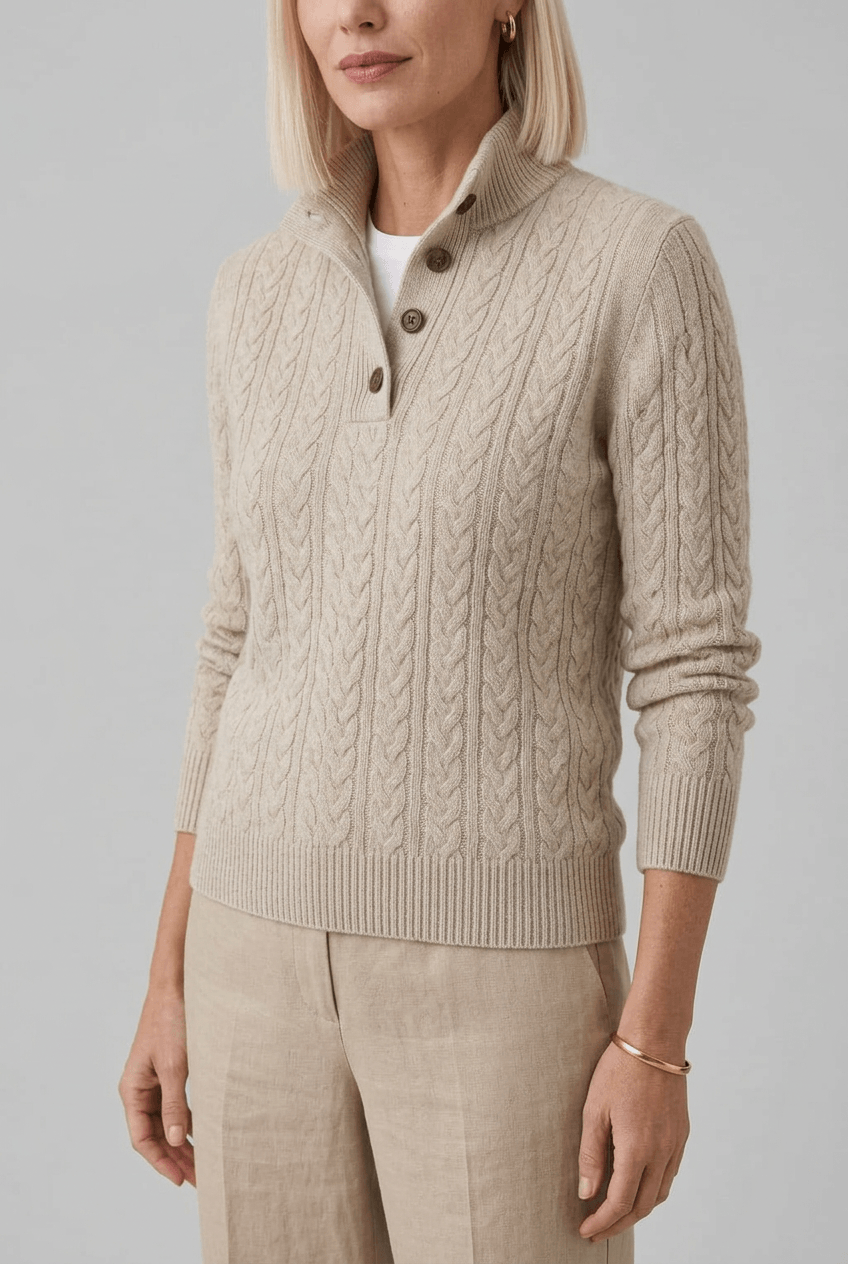 Women's Cable Knit Jumper | Button Stand Collar
