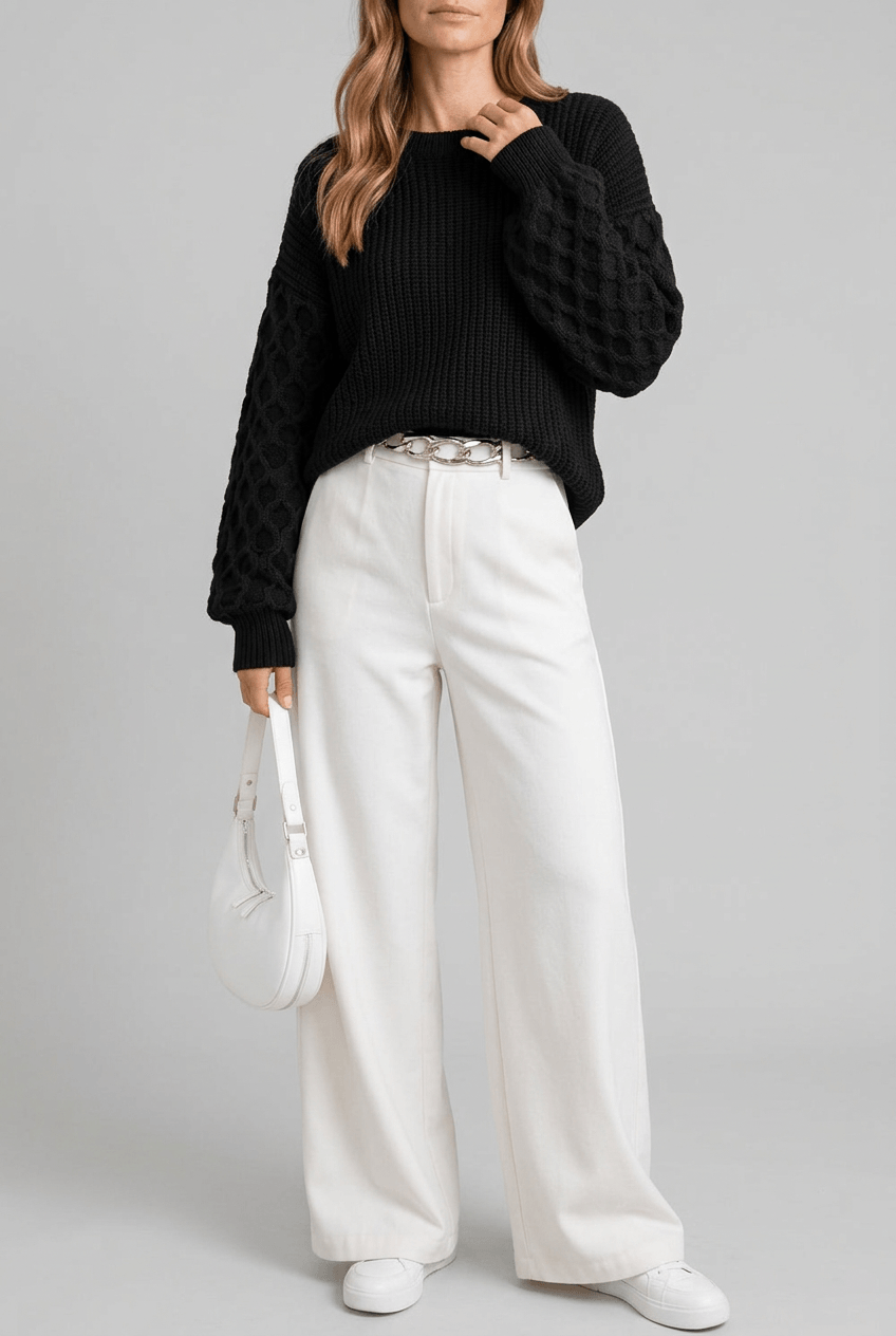 Women's Waffle Knit Jumper | Textured Sleeves