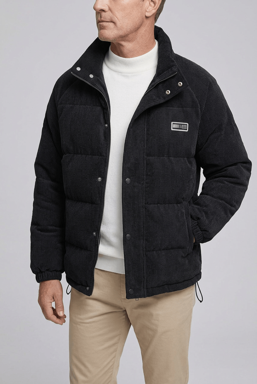 Men's Full Zip Puffer Winter Jacket | Stand-Up Collar & Drawcord Hem