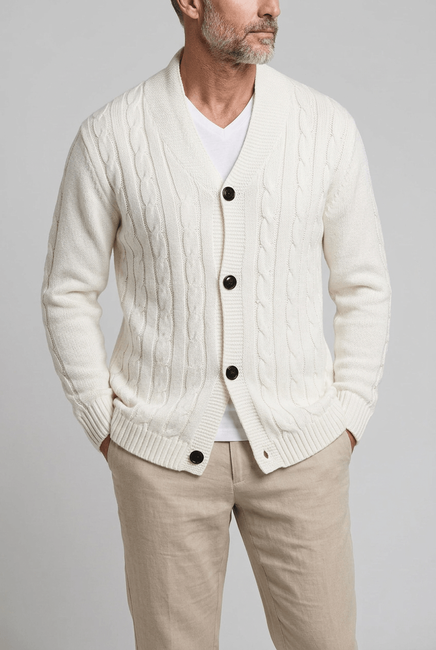 Men's Cable Knit Cardigan | Shawl Collar & Button Front