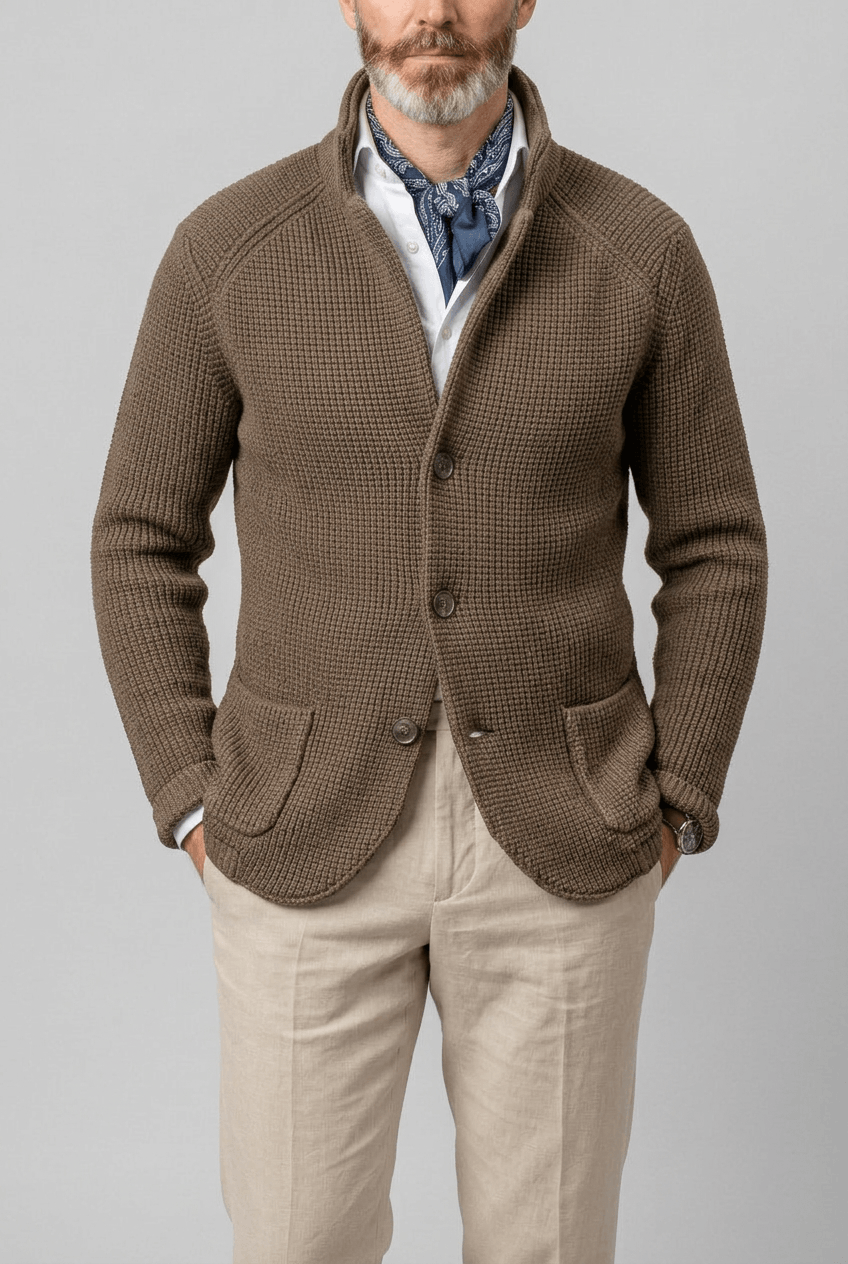 Knitted Cardigan for Men | Stand Collar & Button Front