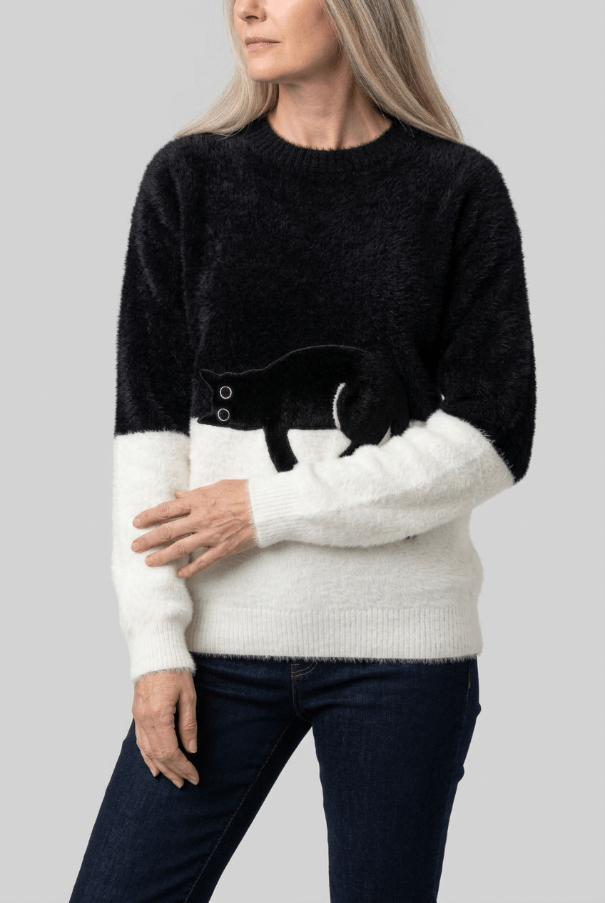 Women's Cat Motif Knit Jumper | Ribbed Crewneck