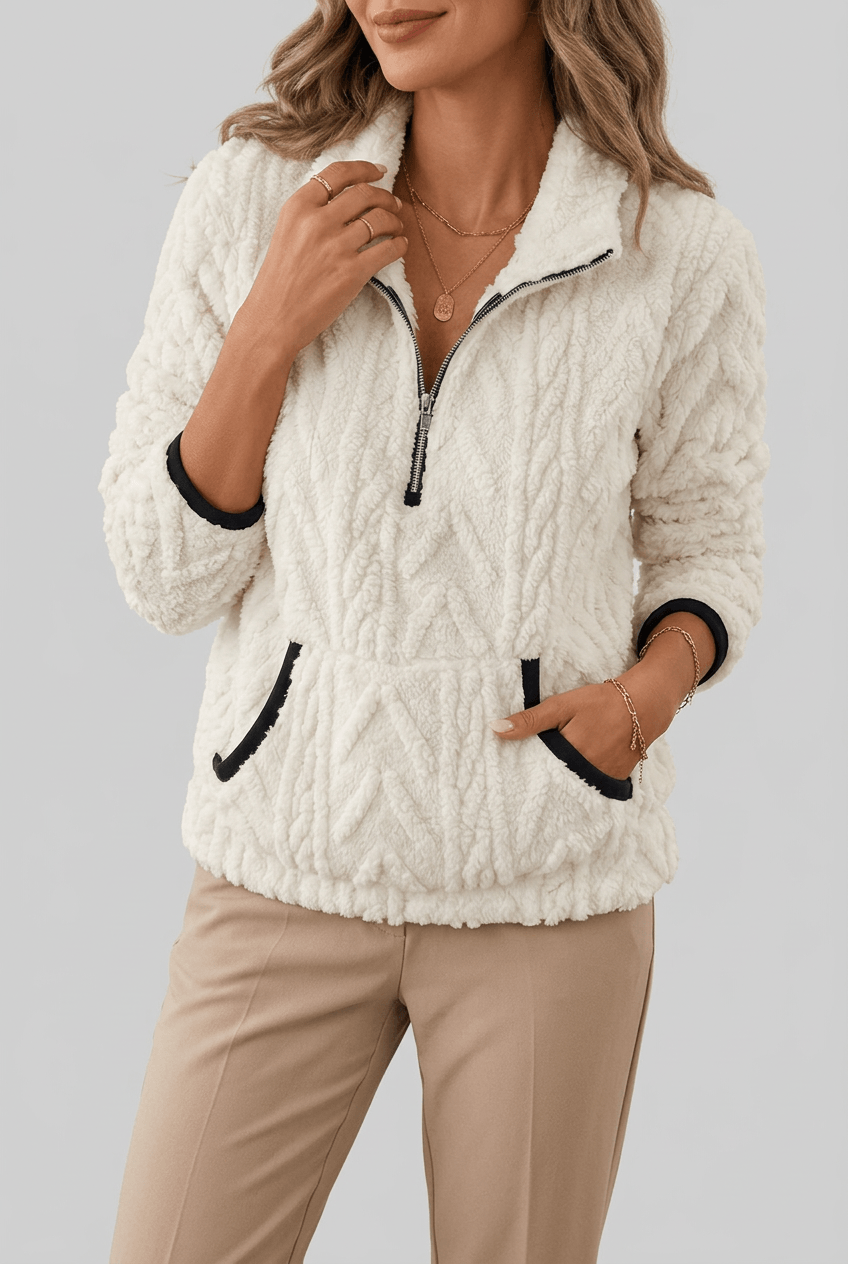 Women's Half Zip Fleece Jumper | Textured Fuzzy Kangaroo Pocket
