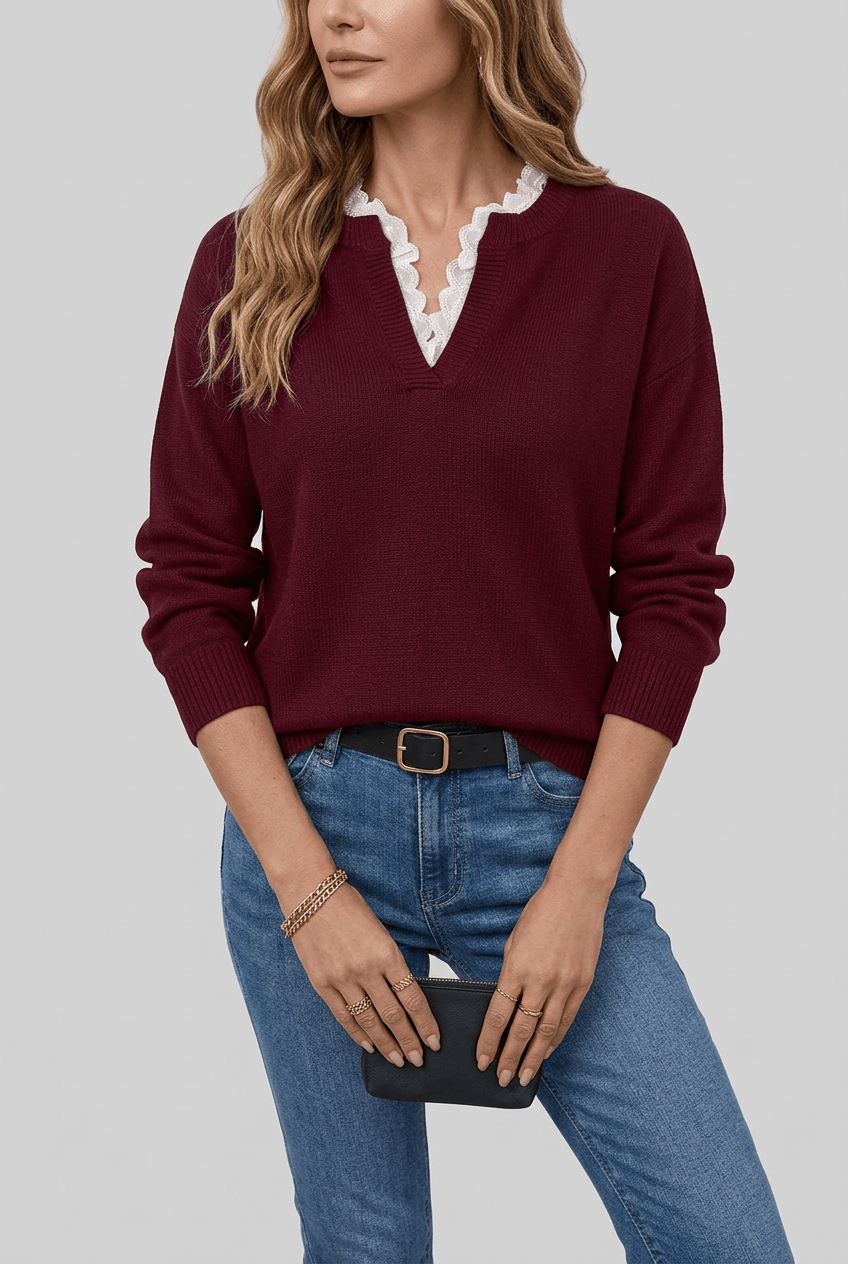 Women's V-Neck Jumper | Contrast Trim & Ribbed Cuffs