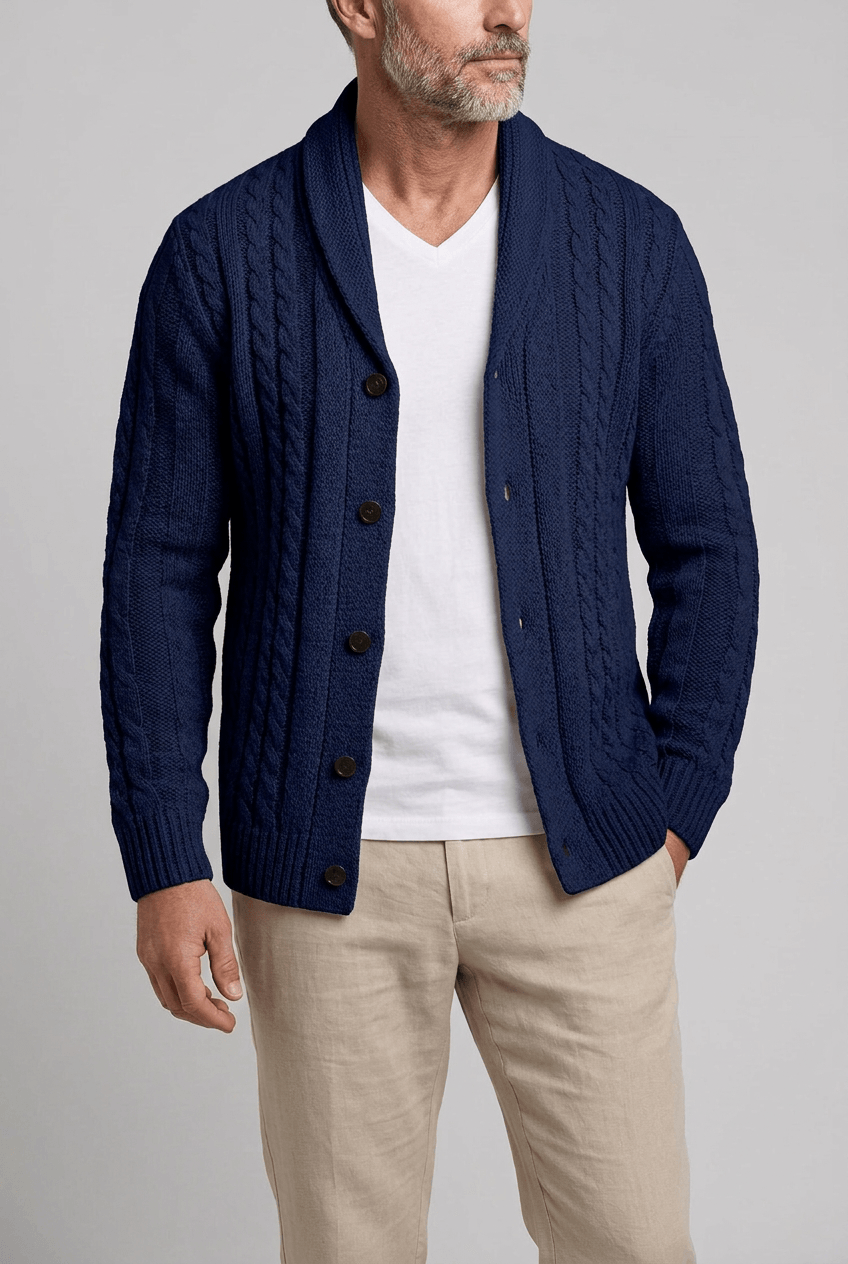 Men's Cable Knit Cardigan | Shawl Collar & Button Front