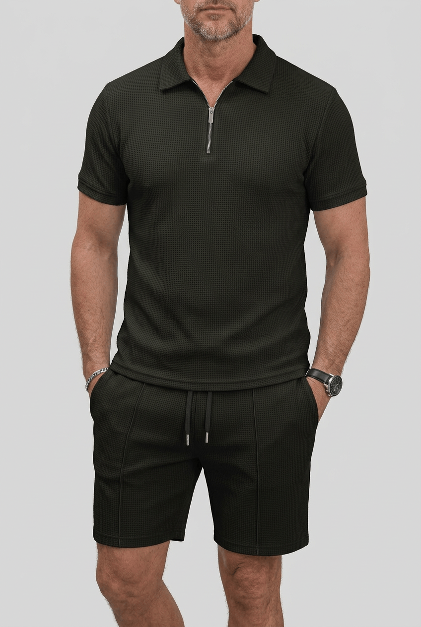 Men's Co-Ord Set | Zip-Up Polo & Drawstring Shorts