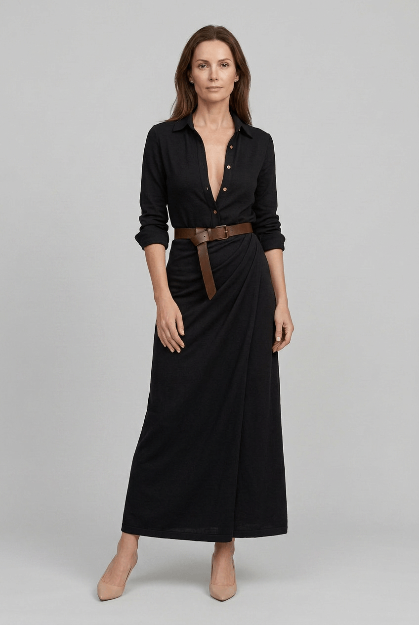 Women's Maxi Shirt Dress | Deep V-Neck & Draped Wrap Skirt